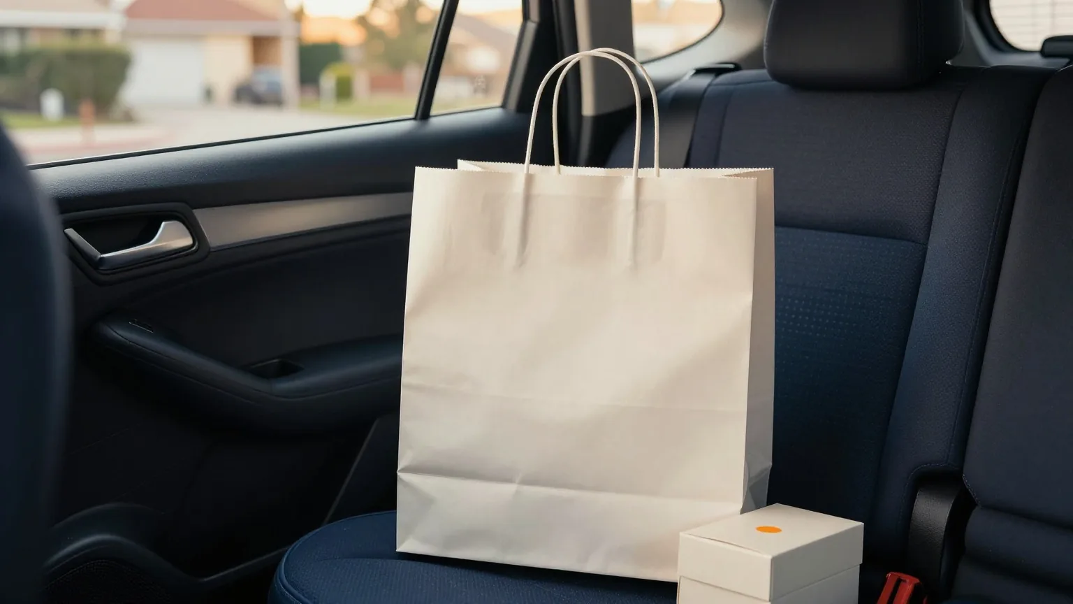 Schlichte Papiertüte und kleiner ungeöffneter Handykarton auf der Rückbank eines Autos in einer ruhigen Wohnstraße, Nachmittagslicht durch das Seitenfenster