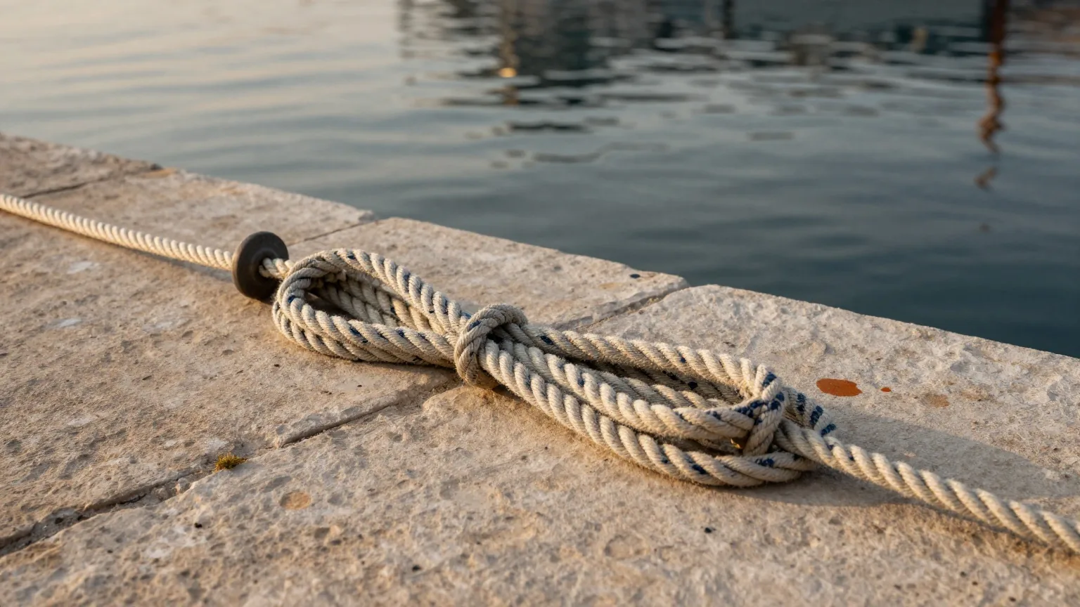 Aufgerollte Festmacherleine auf einer Hafenmauer aus Stein in der Abenddämmerung, dahinter ruhiges dunkles Wasser