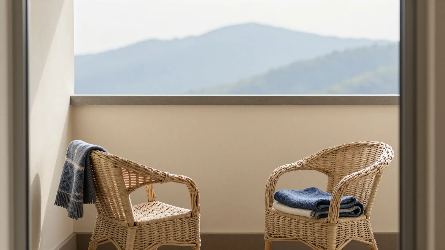 Ruhiger Balkon im Frühlingsmorgenlicht mit zwei leeren Korbstühlen und gefalteter Wolldecke, Berge unscharf im Hintergrund