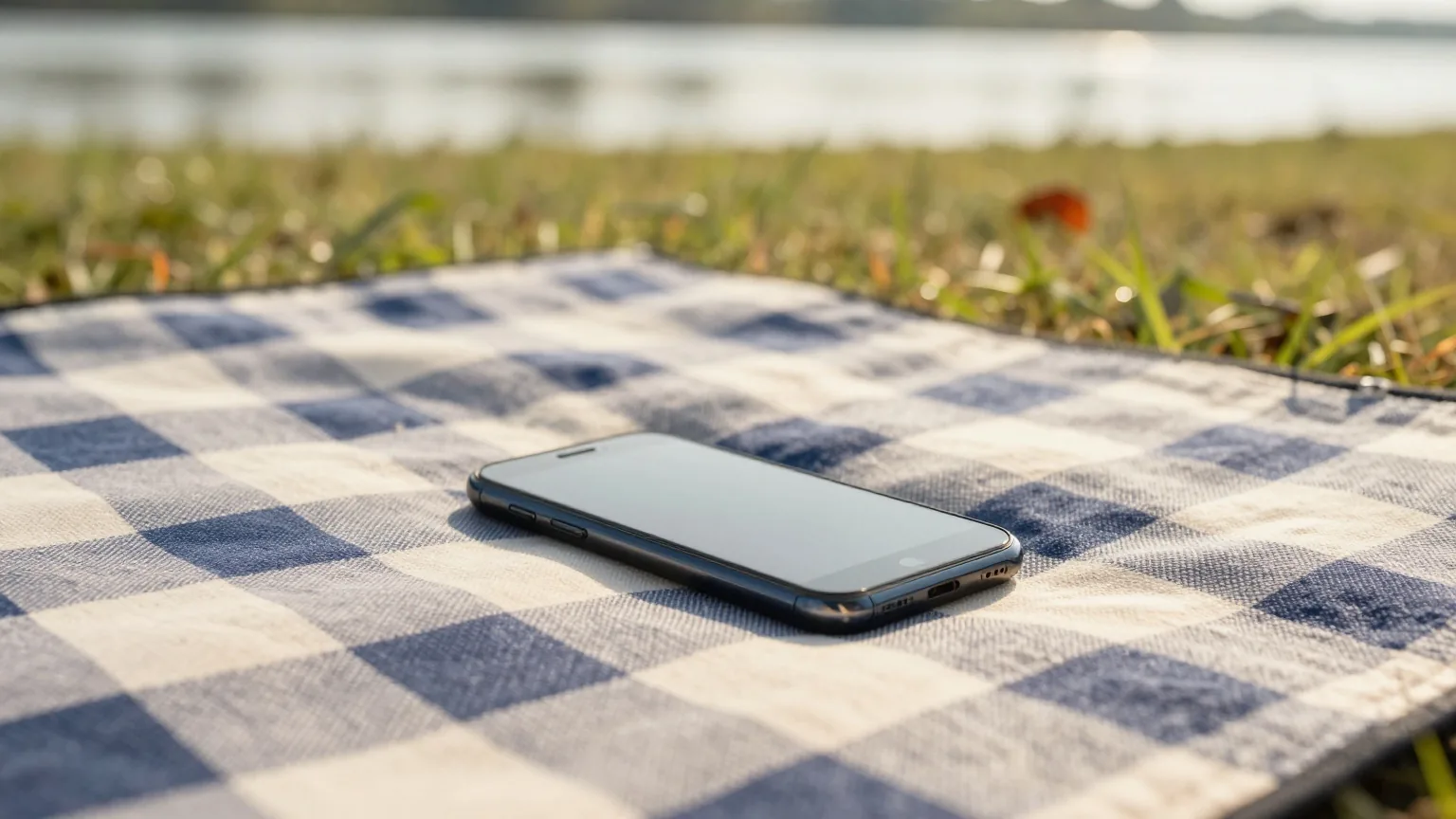 Smartphone mit dunklem Display auf einer gefalteten karierten Picknickdecke auf einer Wiese am Fluss, Nachmittagssonne und lange Schatten