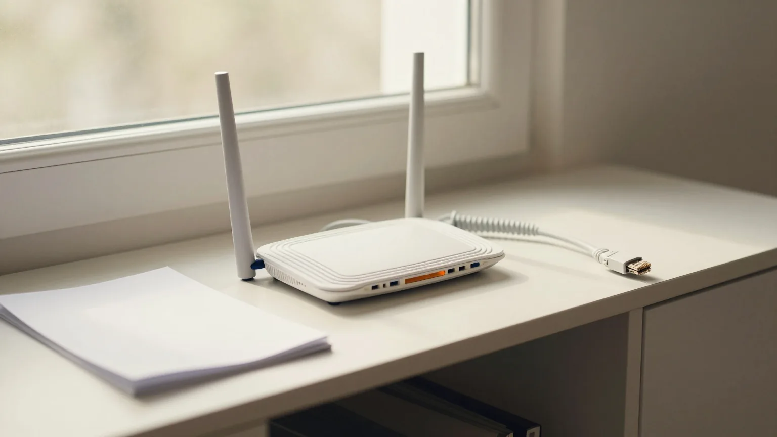 Weißer WLAN-Router mit aufgerolltem Netzwerkkabel auf einem Flur-Sideboard neben einem gefalteten Blatt Papier im Morgenlicht