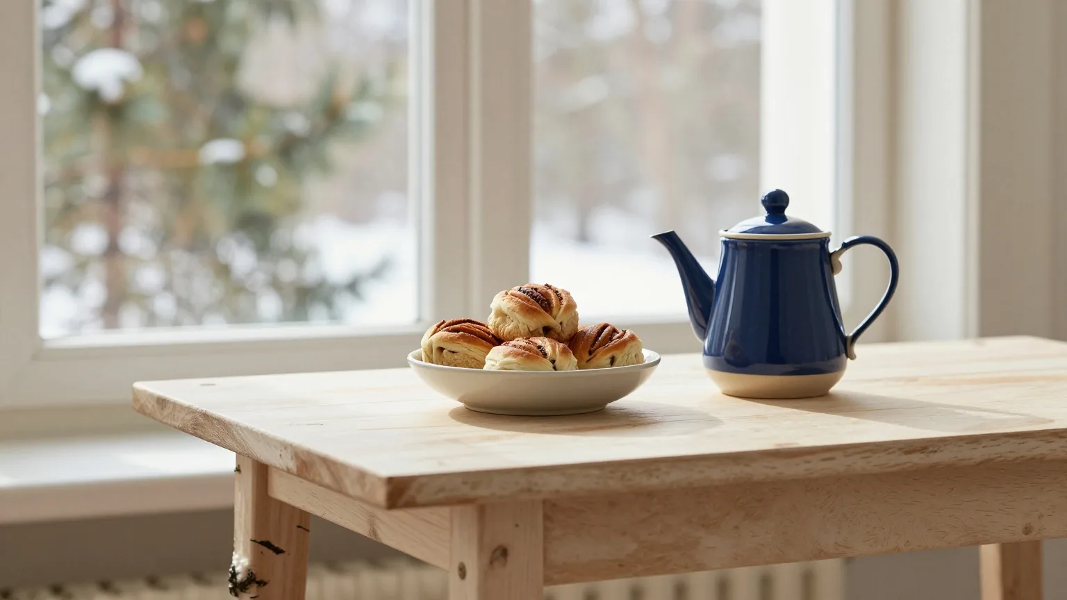 Birkenholztisch am Fenster mit einer Schale Zimtschnecken und einer Keramikkaffeekanne, draußen Kiefern im fahlen Winterlicht