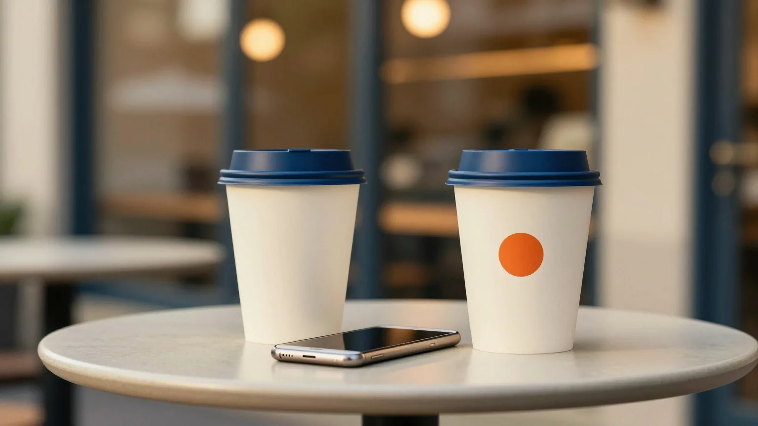 Zwei Kaffeetassen auf einem kleinen Bistrotisch vor einem Café am frühen Abend, dazwischen ein umgedrehtes Smartphone, unscharfe Lichterkette im Hintergrund