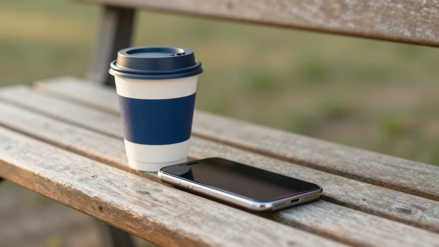 Smartphone mit ausgeschaltetem Display auf einer Holzbank neben einem Kaffeebecher, frühes Morgenlicht im Stadtpark