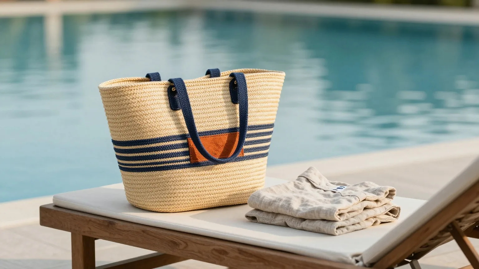 Strohtasche und gefaltetes Leinenhemd auf einer Holzliege neben einem ruhigen Hotelpool im Licht des späten Nachmittags