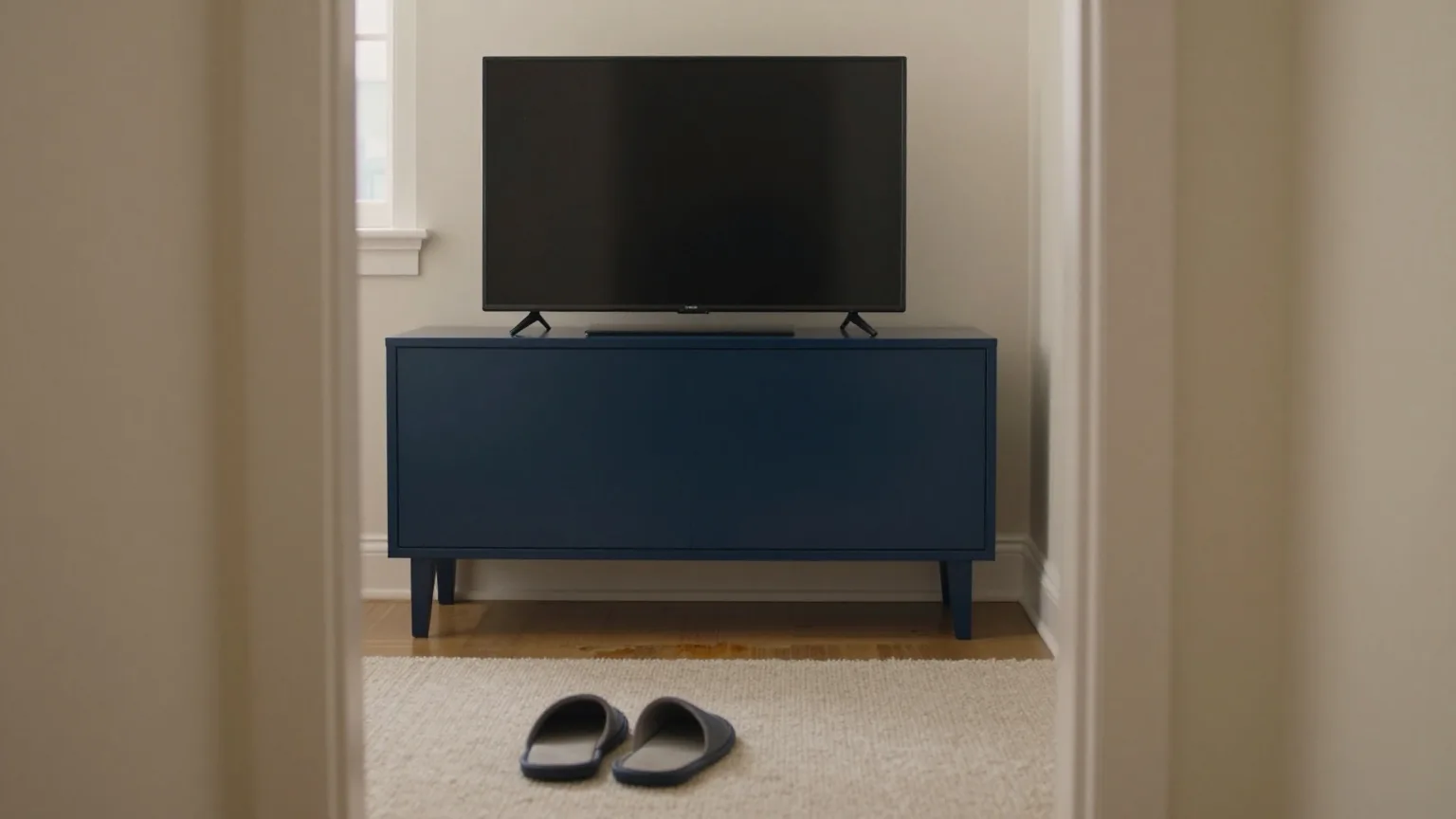 Ausgeschalteter Fernseher auf einem niedrigen Schrank, vom Flur aus gesehen, davor Hausschuhe auf dem Teppich, Dämmerlicht