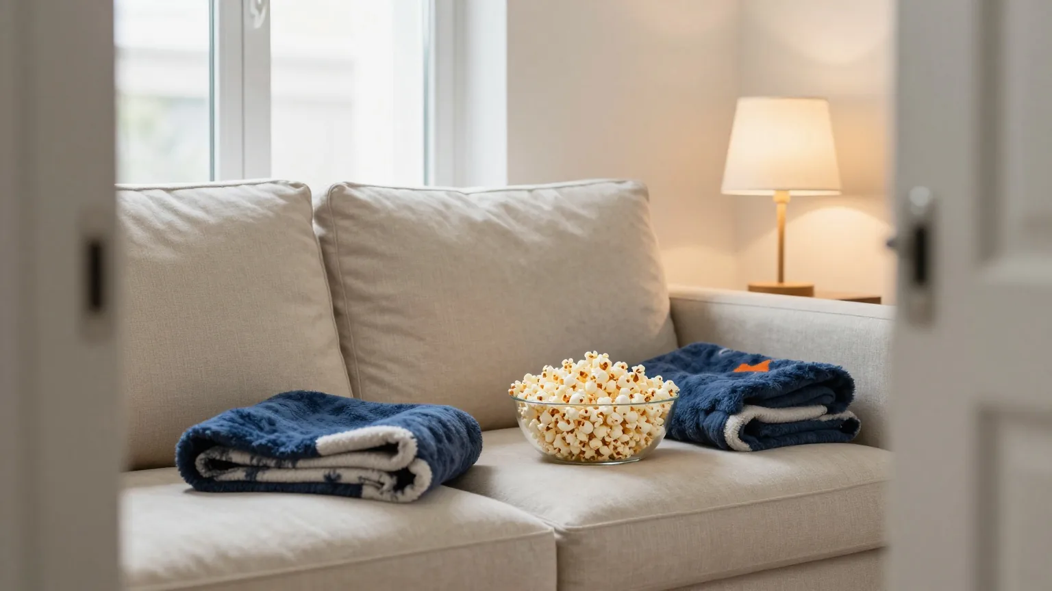 Schüssel Popcorn und eine gefaltete Decke auf einem Sofa am Abend, in der Ecke brennt eine Lampe