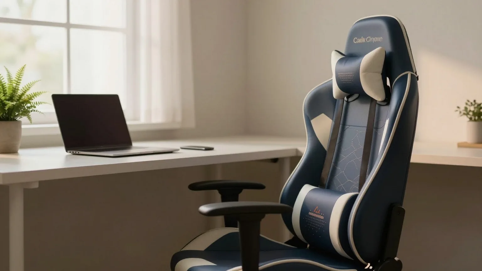 Leerer Gaming-Stuhl vor einem breiten Schreibtisch mit zugeklapptem Laptop und einem kleinen Farn im Topf, weiches Abendlicht, von hinten aus niedrigem Winkel gesehen