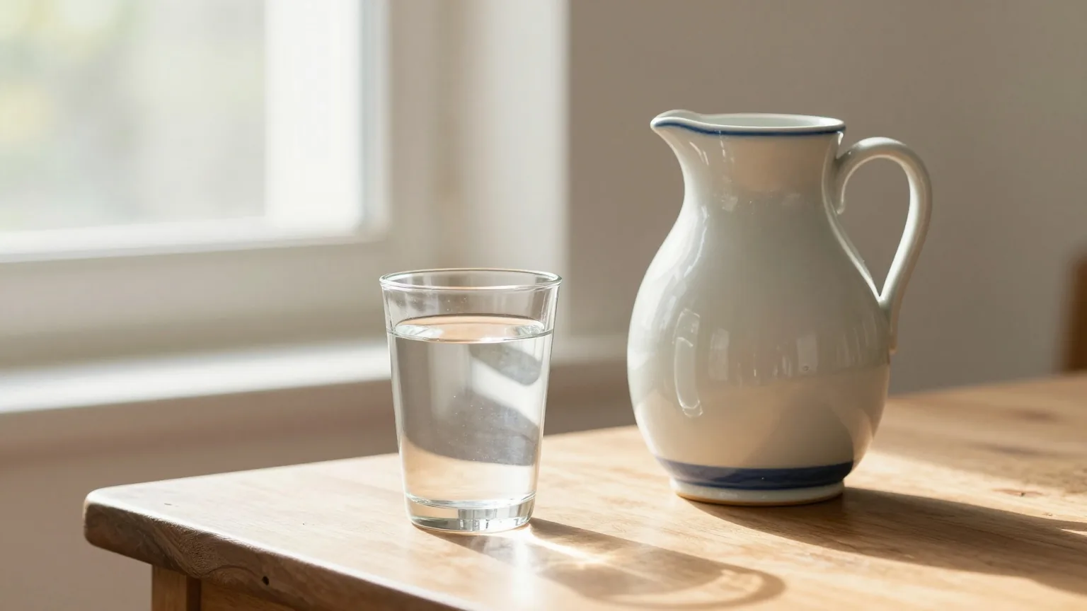 Glas mit klarem Wasser und ein Keramikkrug auf einem sonnigen Holztisch am offenen Fenster, frisches Morgenlicht