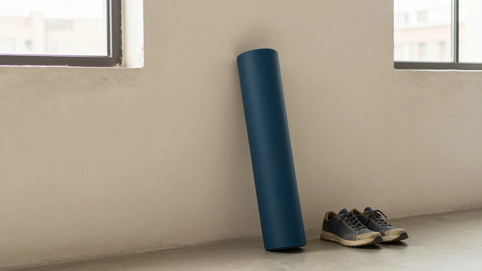 Zusammengerollte Yogamatte an einer Betonwand neben abgetragenen Turnschuhen in einem ruhigen Stadt-Loft, weiches Morgenlicht