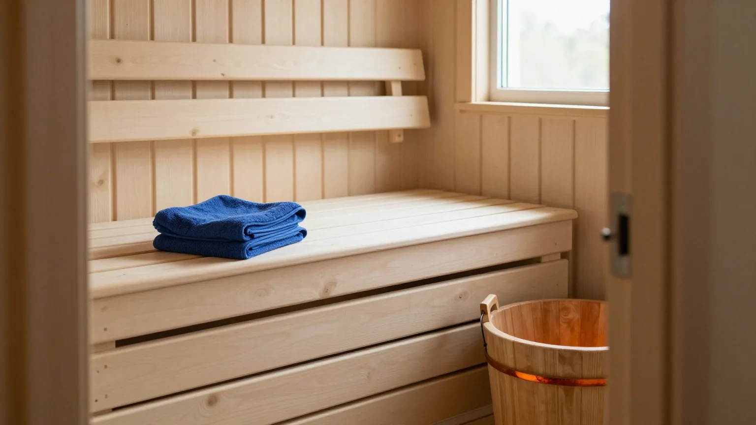 Leere Holzbank in einer Sauna mit gefaltetem Handtuch und einem Holzeimer, warmes gedämpftes Licht, Blick von der Tür