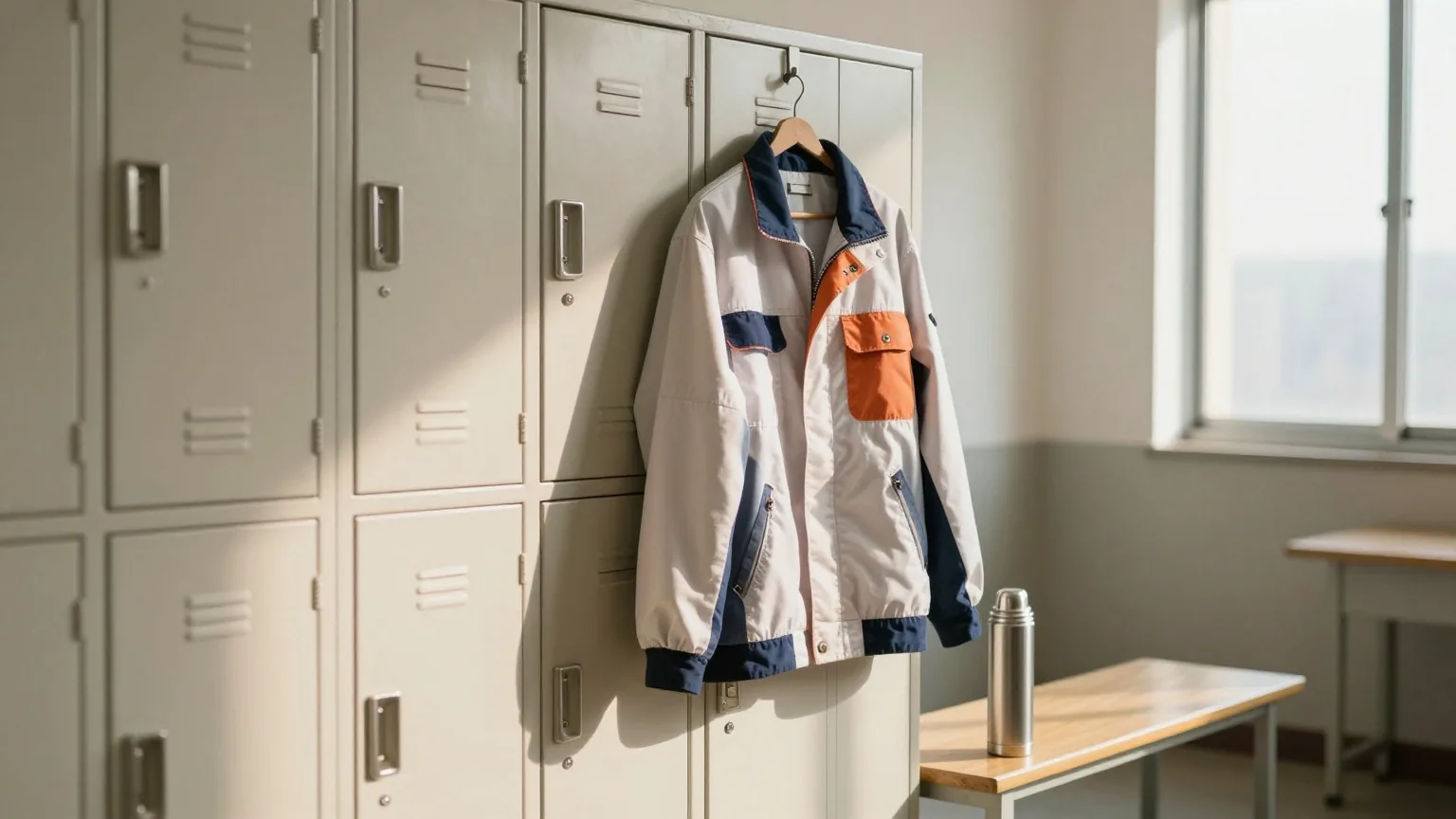 Arbeitsjacke am Haken neben Spinden in einem leeren Pausenraum, Thermoskanne auf der Bank, weiches Nachmittagslicht