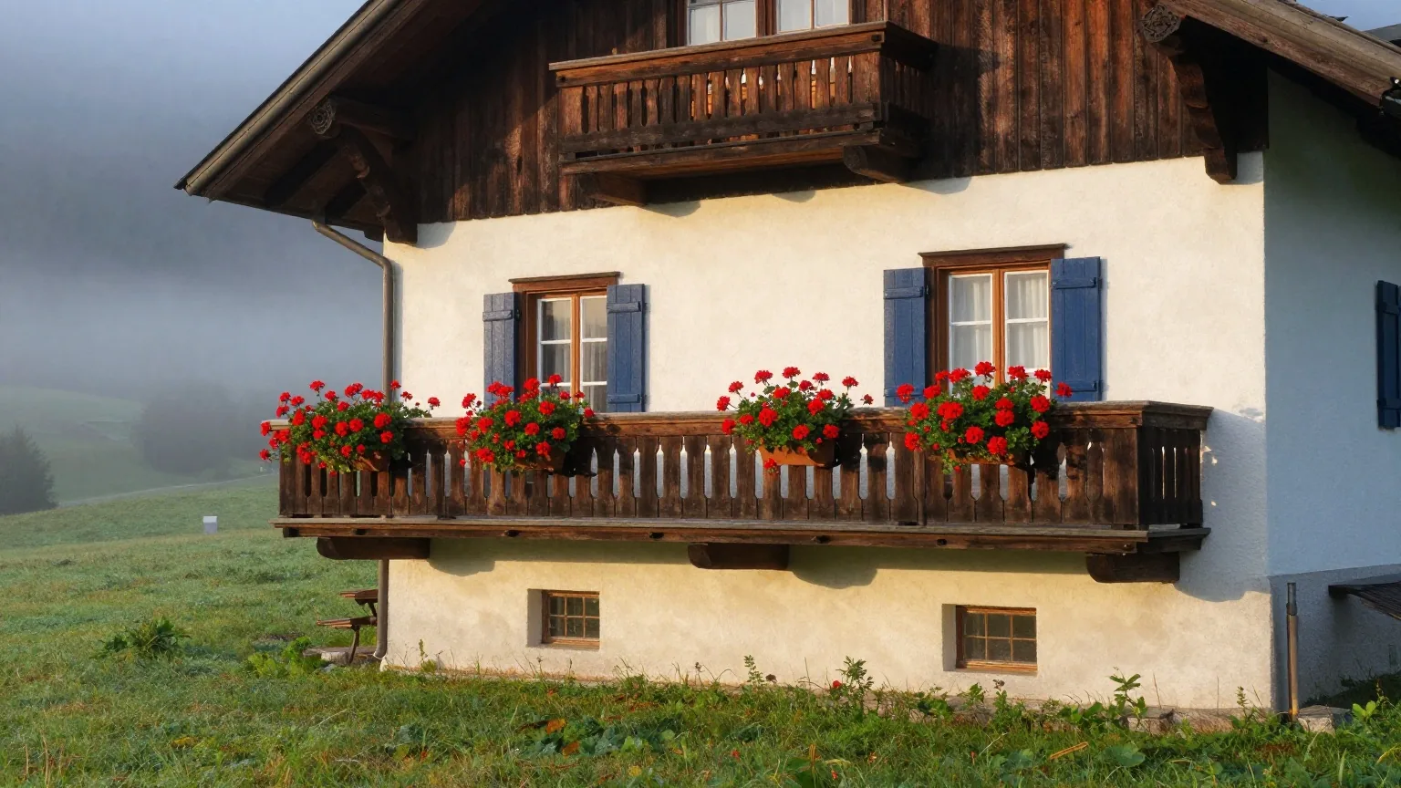 Bauernhaus mit Holzbalkon und roten Geranien hinter einer taunassen Wiese, Morgenlicht und Nebel im Tal