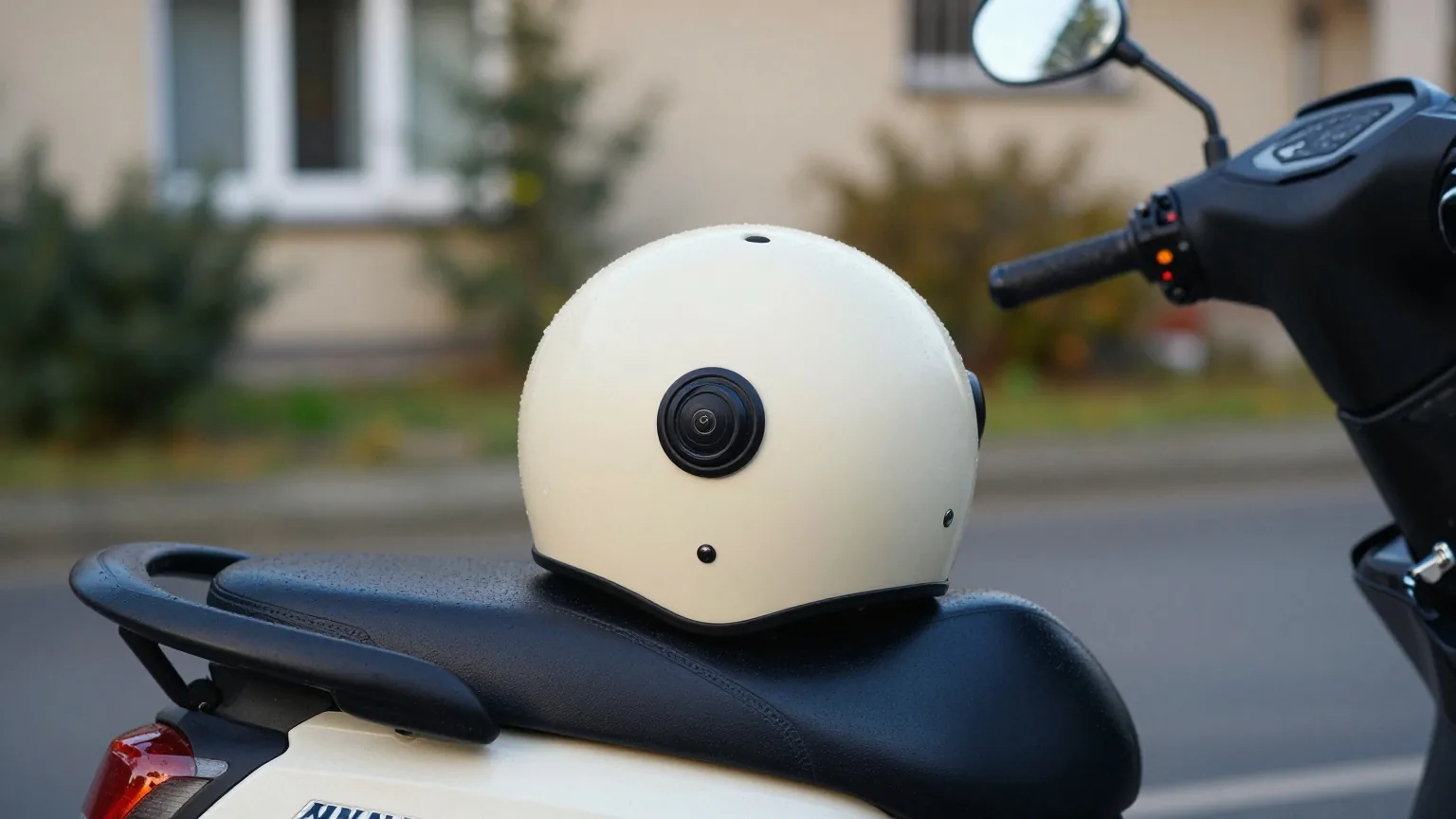 Motorradhelm auf dem Sitz eines geparkten Motorrads in einer ruhigen Einfahrt bei kühlem Morgenlicht nach dem Regen