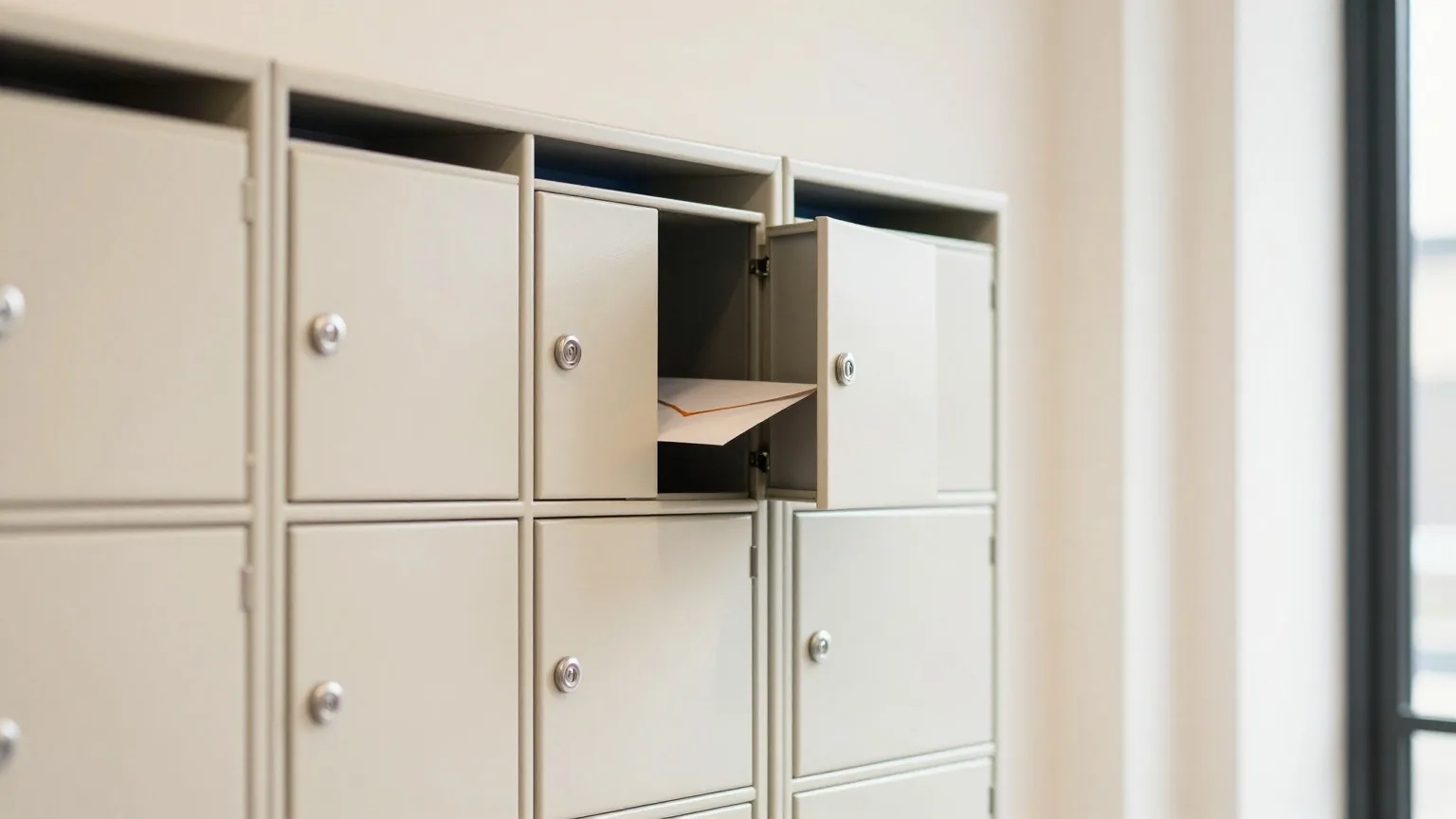 Briefkastenanlage ohne Beschriftung in einem hellen Hauseingang, ein Fach mit Briefumschlag