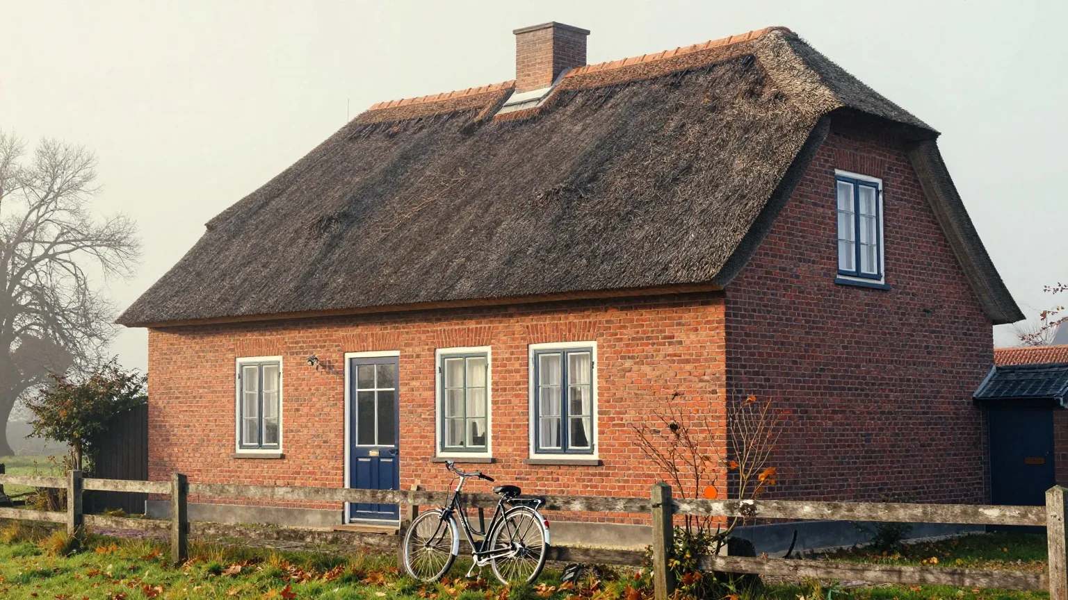 Rotes Backsteinbauernhaus mit Reetdach in Niedersachsen an einem nebligen Herbstmorgen, ein Fahrrad lehnt am Gartenzaun