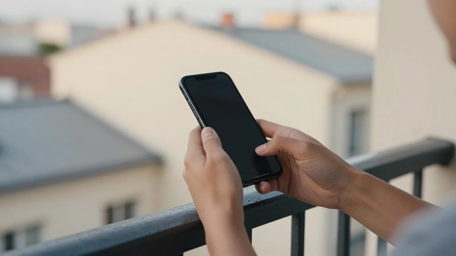 Hände halten ein Smartphone mit dunklem Bildschirm über einem Balkongeländer, Stadtdächer im weichen Abendlicht