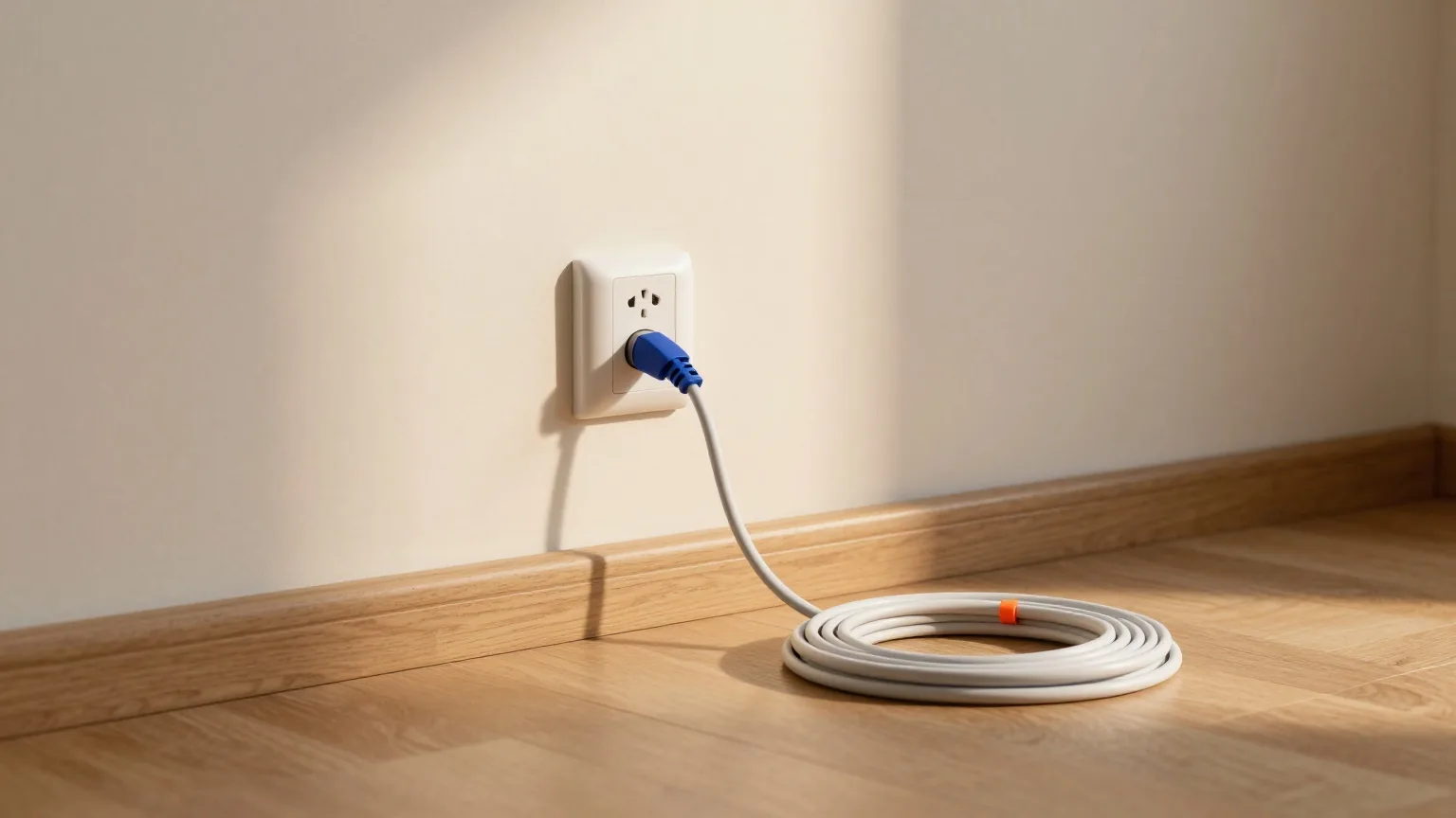 Kabel-Anschlussdose über einer Holzleiste, davor ein aufgerolltes weißes Kabel auf dem Parkett eines leeren Wohnzimmers im Abendlicht