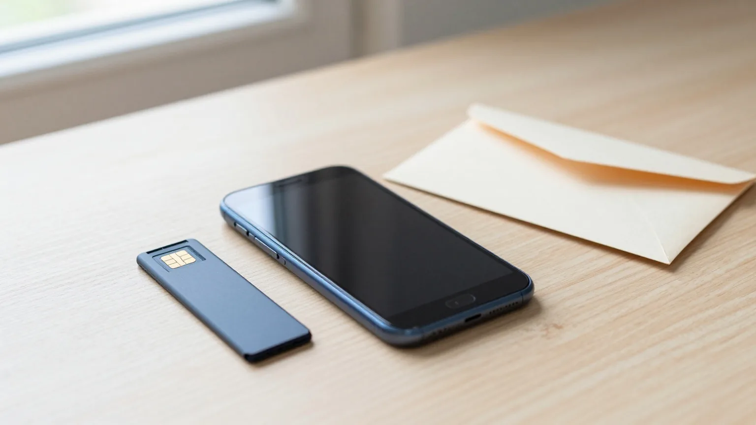 Ausgeschaltetes Smartphone neben einem SIM-Schlitten und einem kleinen Papierumschlag auf einem hellen Eichentisch im Morgenlicht