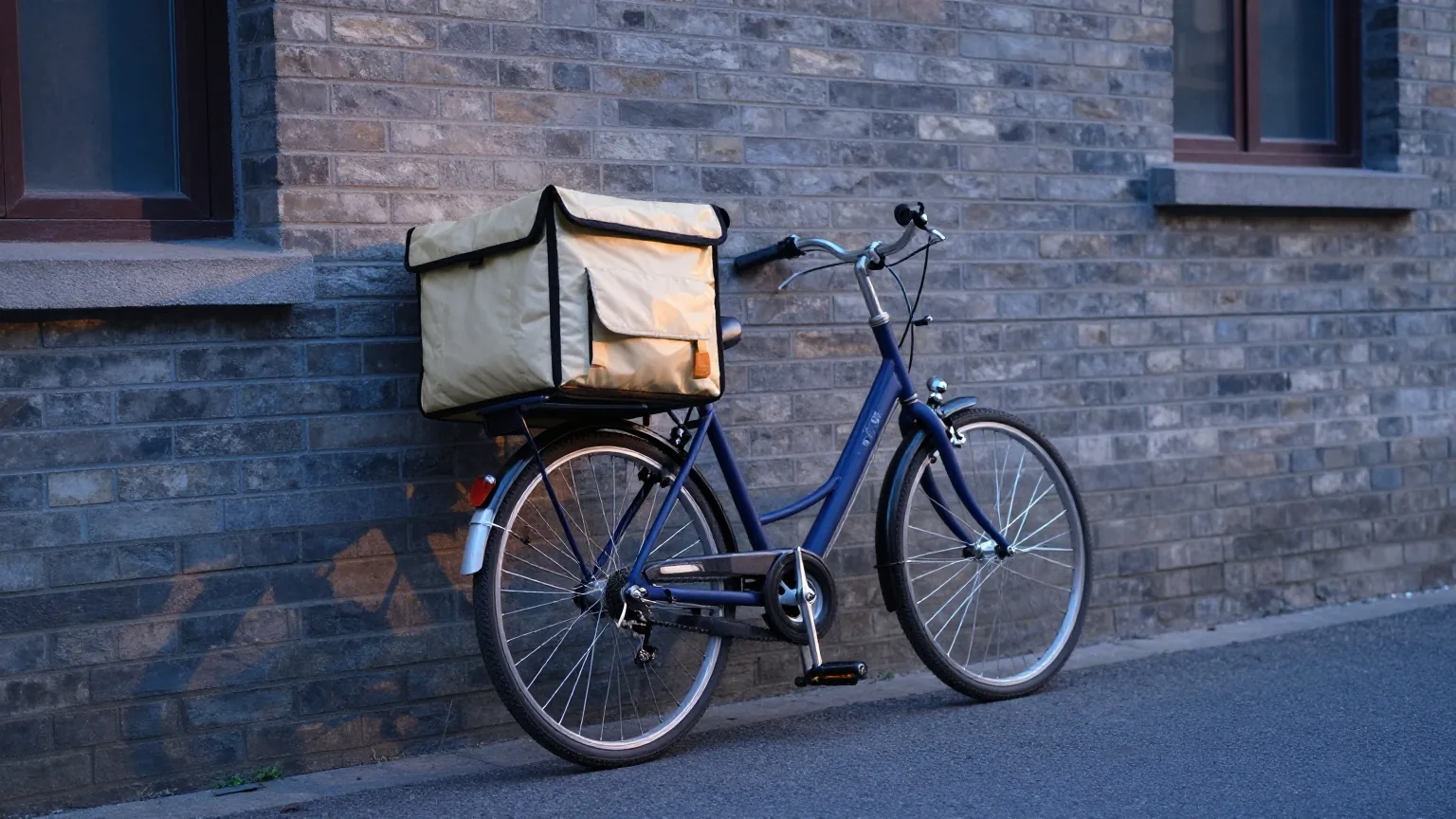 Fahrrad mit leerer Zustelltasche aus Stoff an einer Backsteinmauer in der Morgendämmerung, kaltes blaues Licht, leere Straße