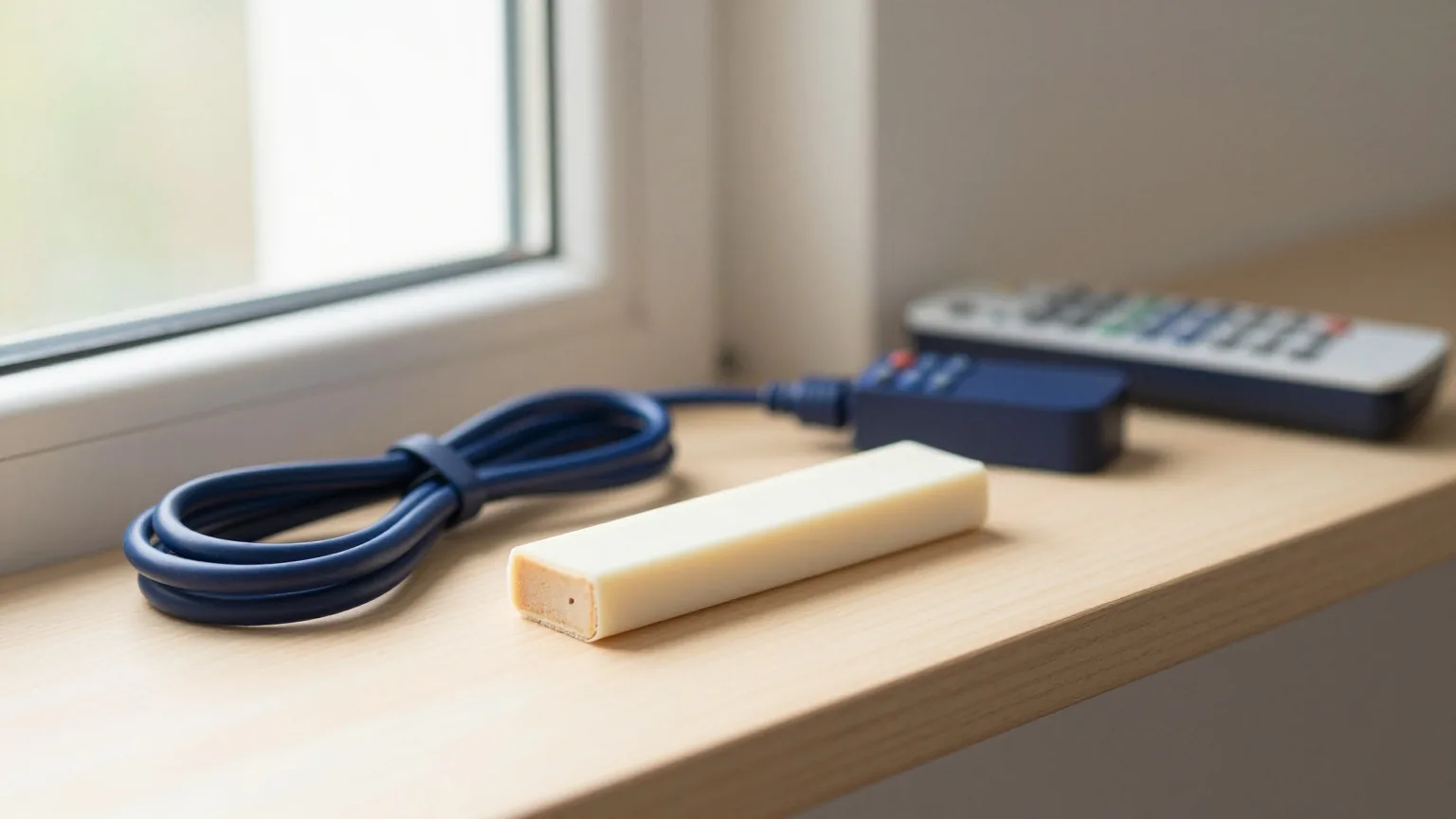 Kleiner weißer Stick neben einem aufgerollten Kabel und einer kleinen Fernbedienung auf einem Holzregal im Nachmittagslicht