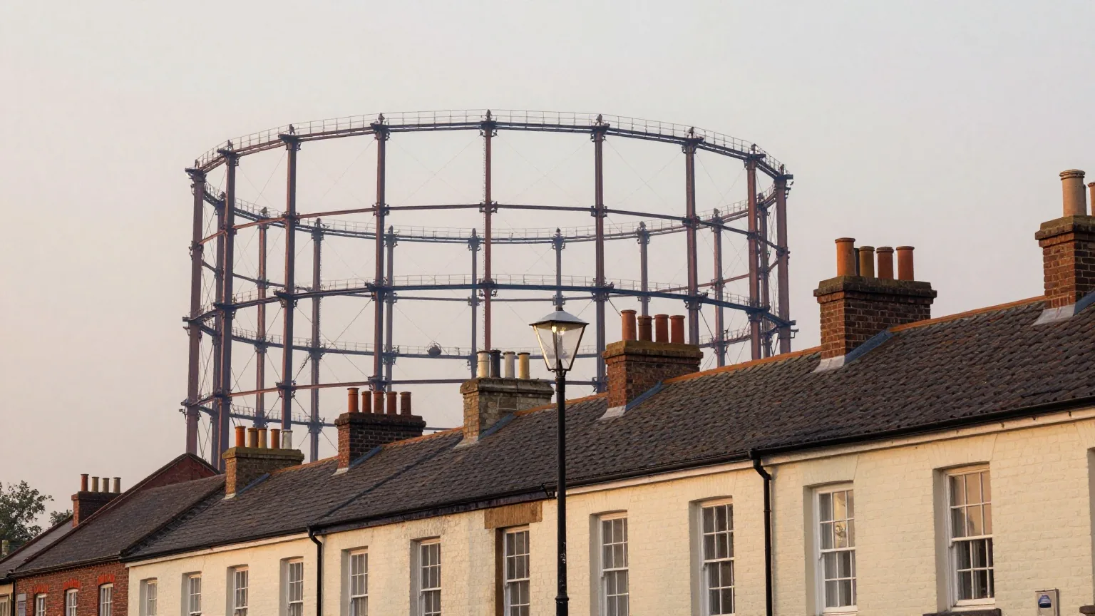 Rostiger Gasometer hinter einer Reihe von Backsteinreihenhäusern im weichen Abenddunst, im Vordergrund eine schon brennende Straßenlaterne