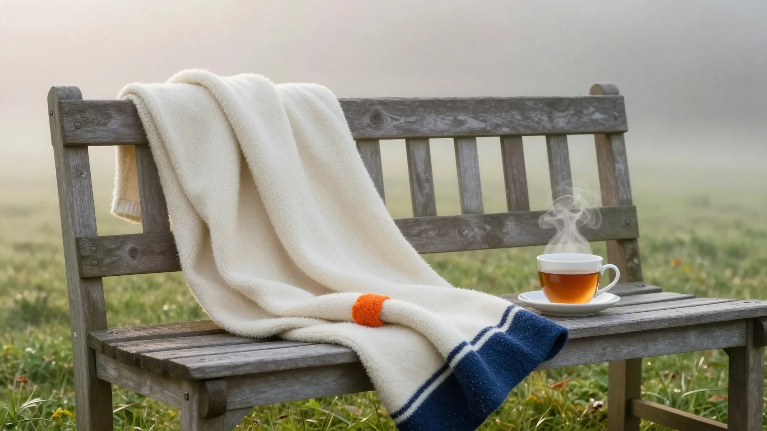 Holzbank im Garten mit gefalteter Wolldecke und einer dampfenden Tasse Tee, über dem Rasen liegt Morgennebel