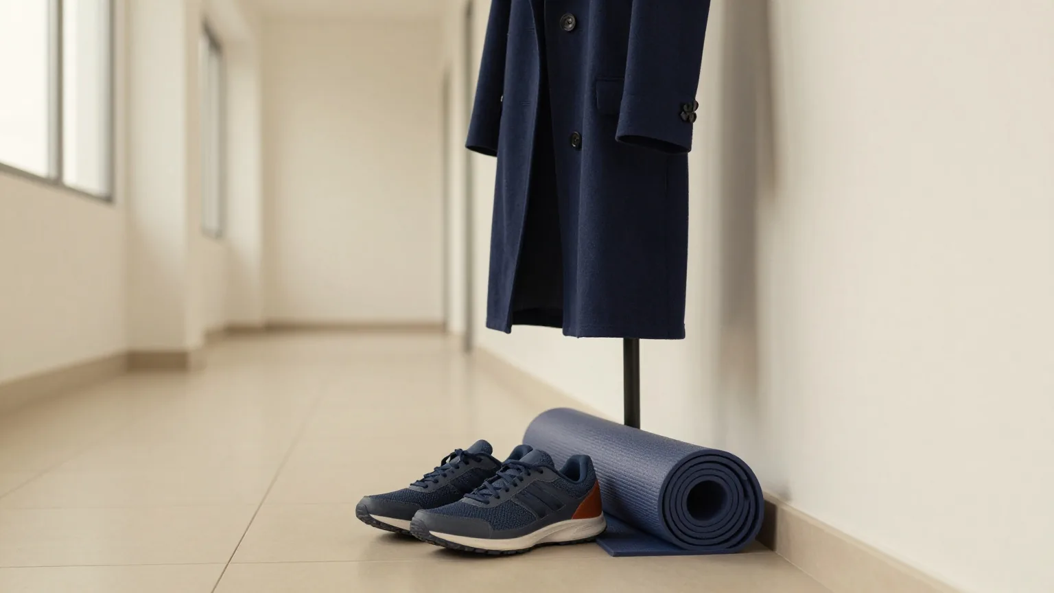 Turnschuhe und eine aufgerollte Yogamatte unter einer Garderobe in einem leeren Büroflur, weiches Abendlicht