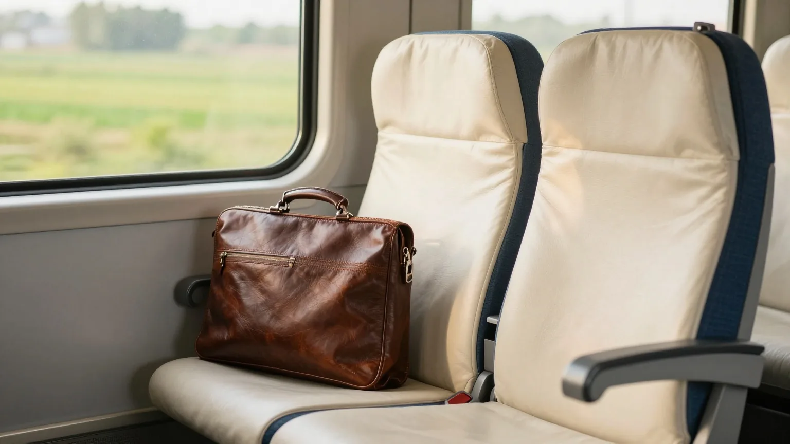 Zugsitz am Fenster mit einer Aktentasche aus Leder auf dem leeren Nachbarplatz, draußen verschwommene grüne Felder im Licht des späten Nachmittags