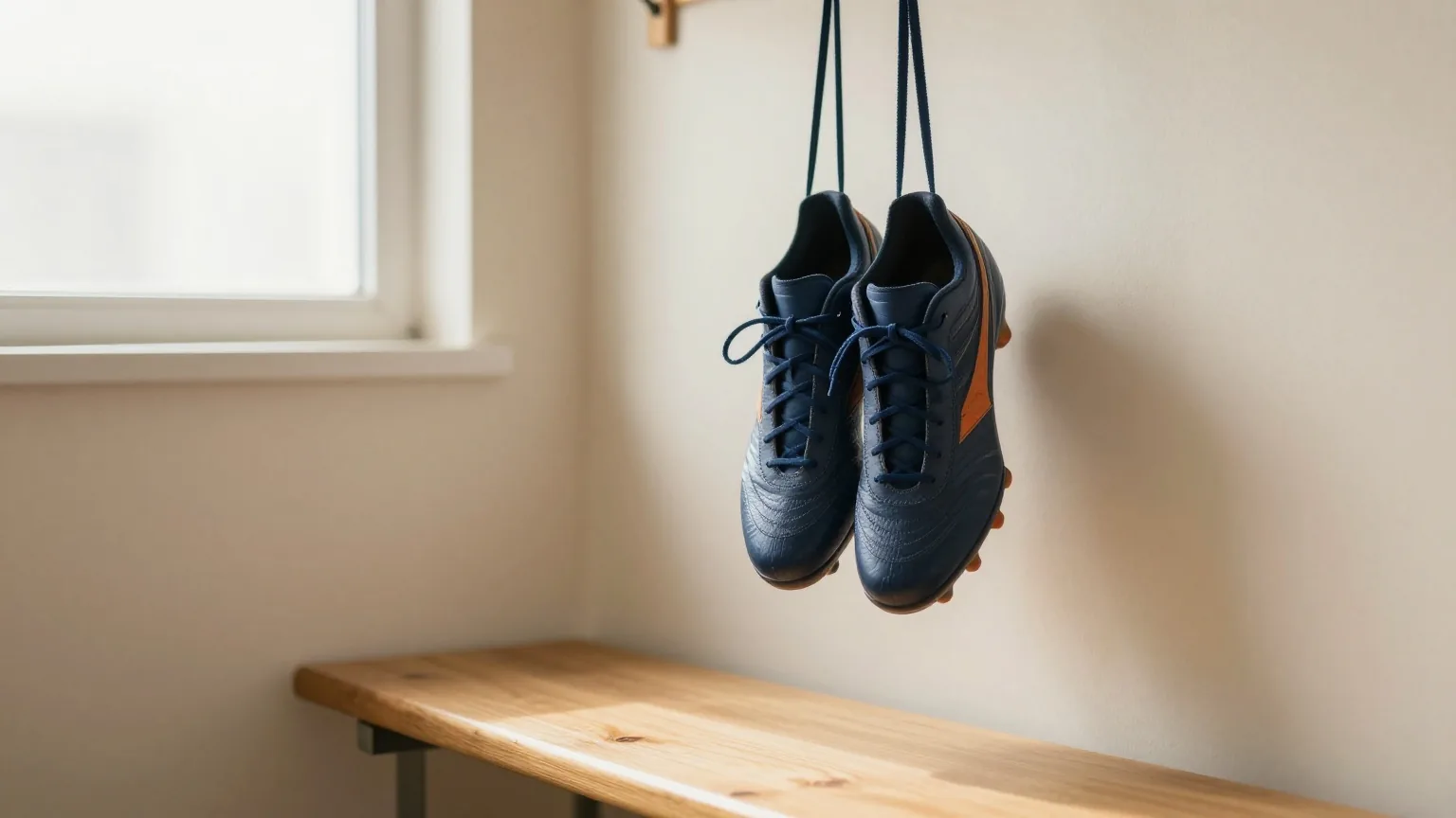 Fußballschuhe hängen an den Schnürsenkeln an einem Haken in einer leeren Umkleidekabine, weiches Licht aus einem hohen Fenster fällt auf eine Holzbank