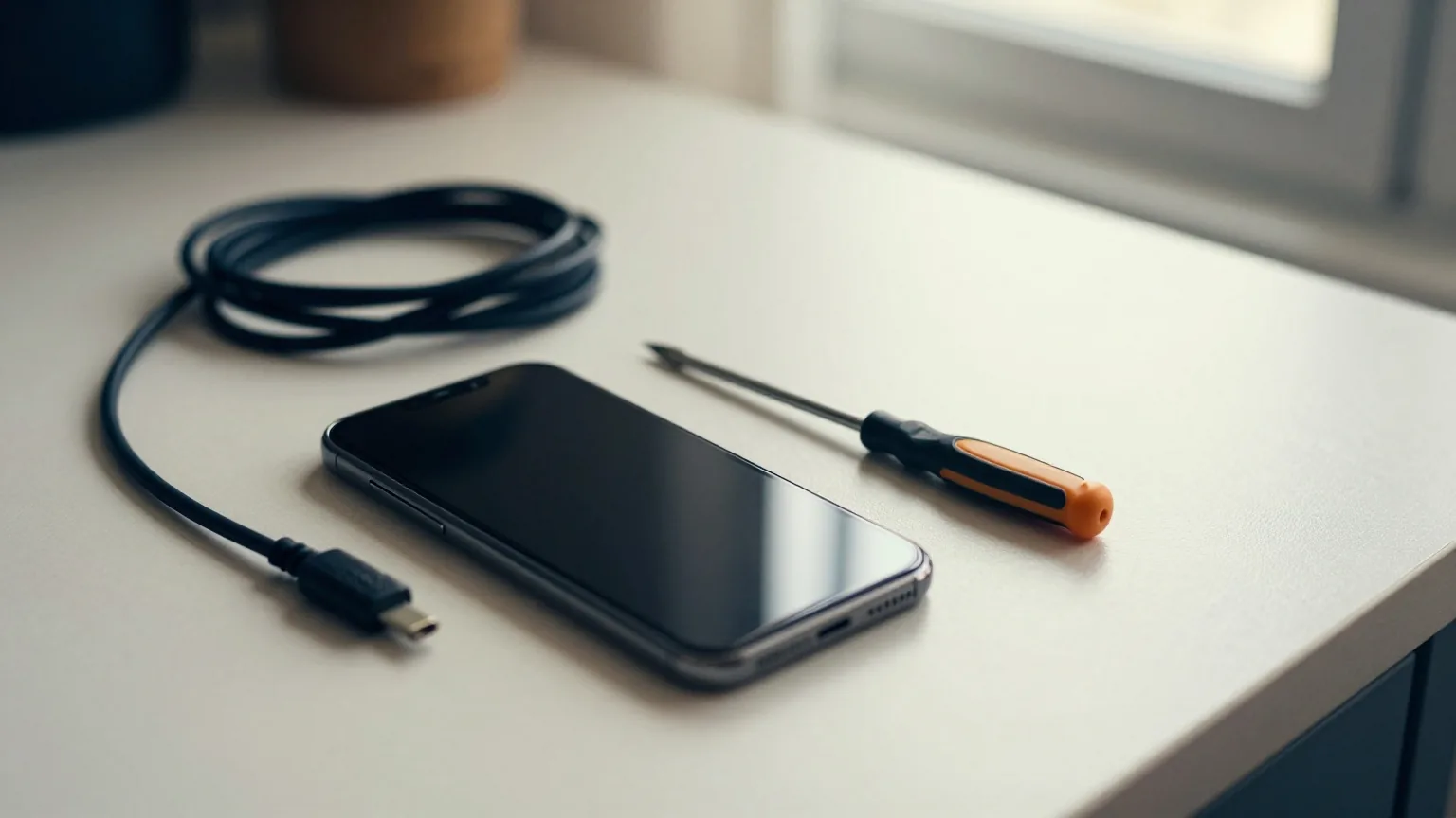 Smartphone mit dunklem Bildschirm neben einem aufgerollten Ladekabel und einem kleinen Schraubendreher auf einem Küchentisch, kühles Morgenlicht