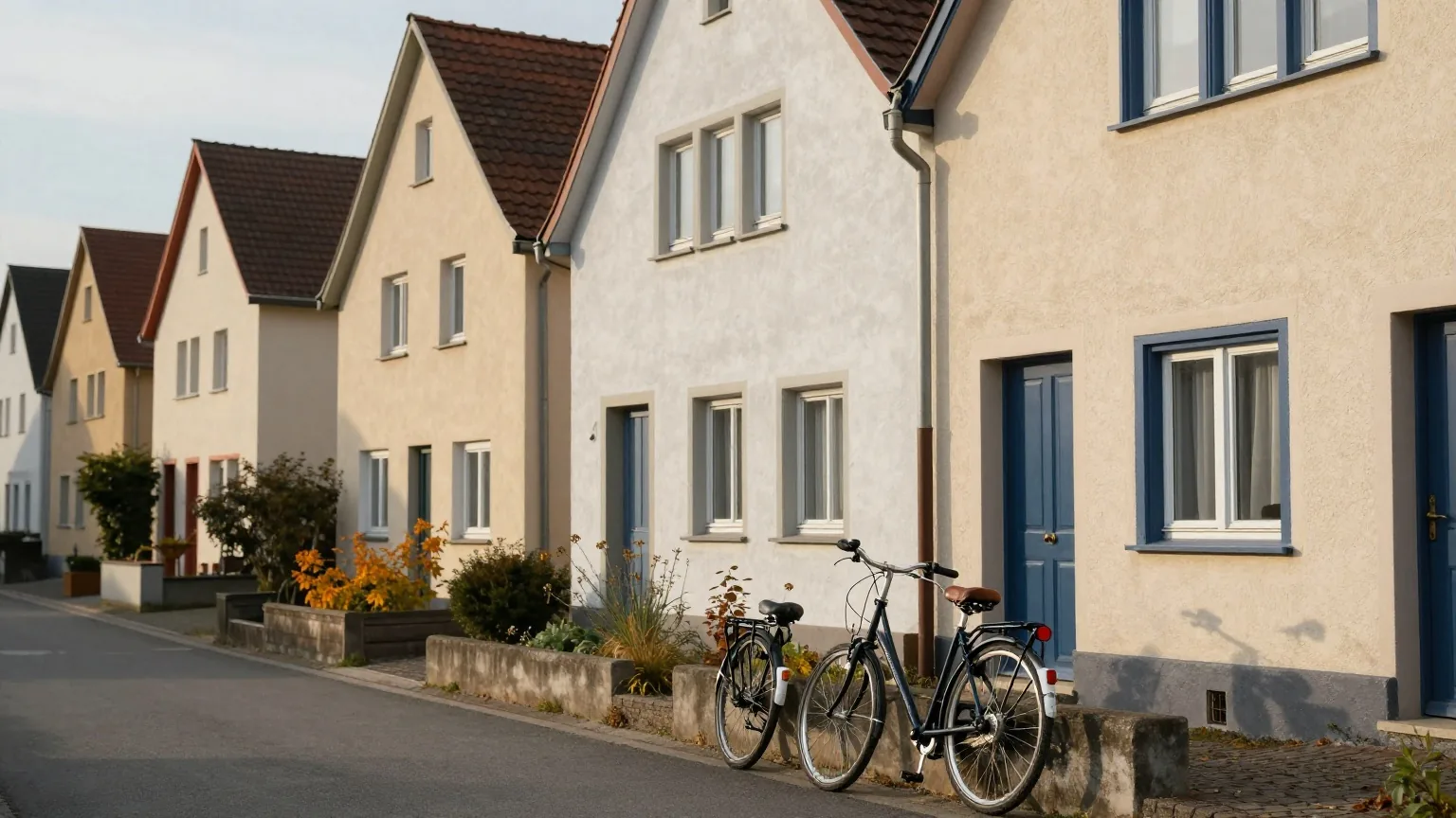 Reihenhäuser mit kleinen Vorgärten in einer ruhigen Straße im Herbstlicht, ein Fahrrad lehnt an einer niedrigen Mauer
