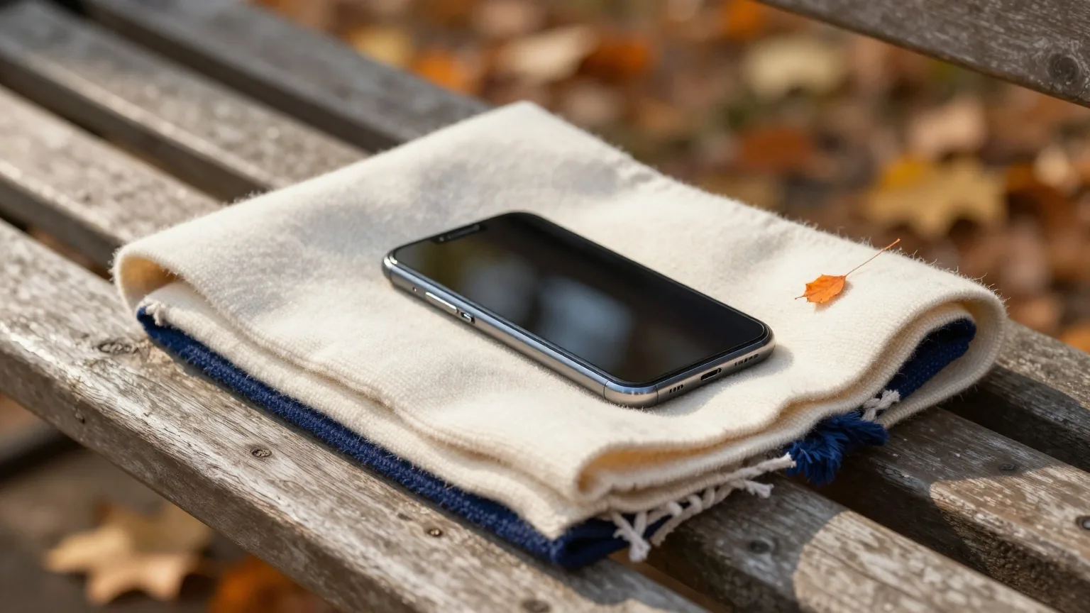 Smartphone mit dunklem Display auf einem gefalteten Wollschal auf einer Parkbank im Herbst, tief stehende Nachmittagssonne und Laub