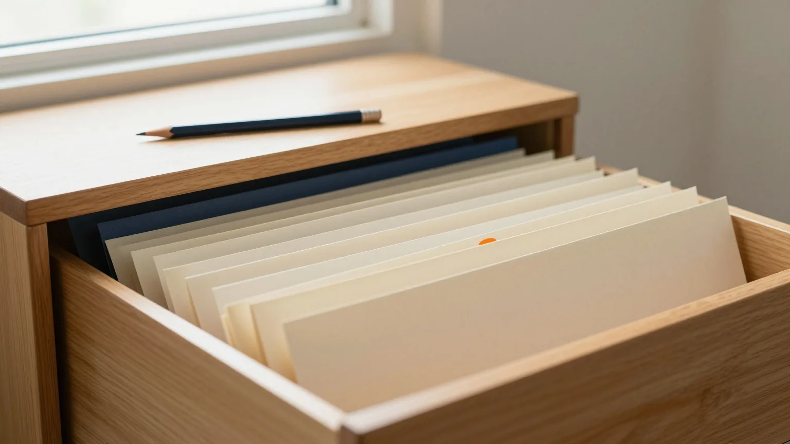 Offene Holzschublade mit ordentlich sortierten Aktenmappen in einem ruhigen Arbeitszimmer, oben auf dem Schrank liegt ein angespitzter Bleistift