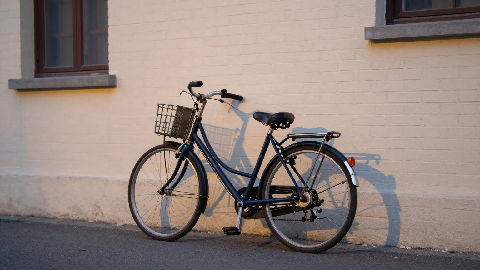 Fahrrad mit leerem Gepäckträger lehnt in der Dämmerung an einer Backsteinmauer in einer ruhigen Straße