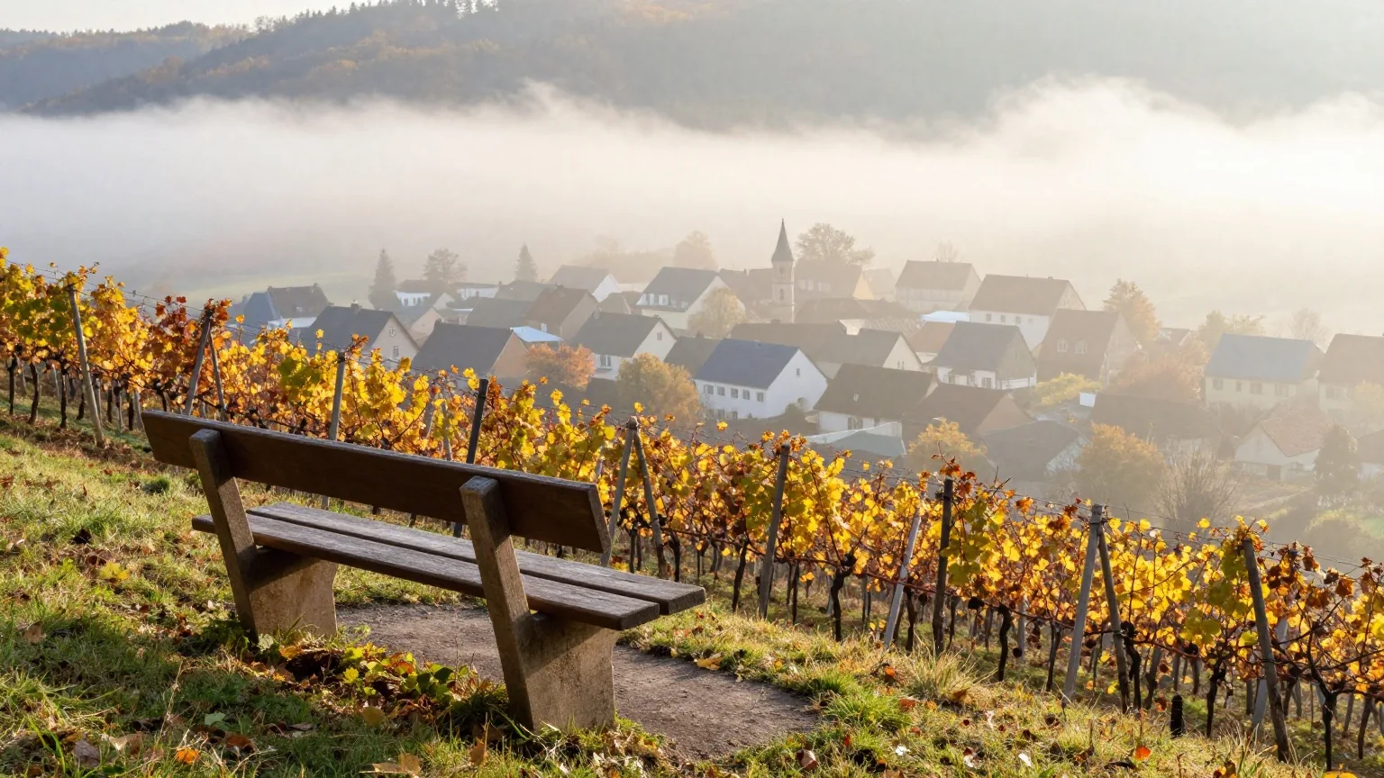 Weinberghang über einer Kleinstadt im Neckartal im herbstlichen Morgennebel, eine Holzbank am Wegrand