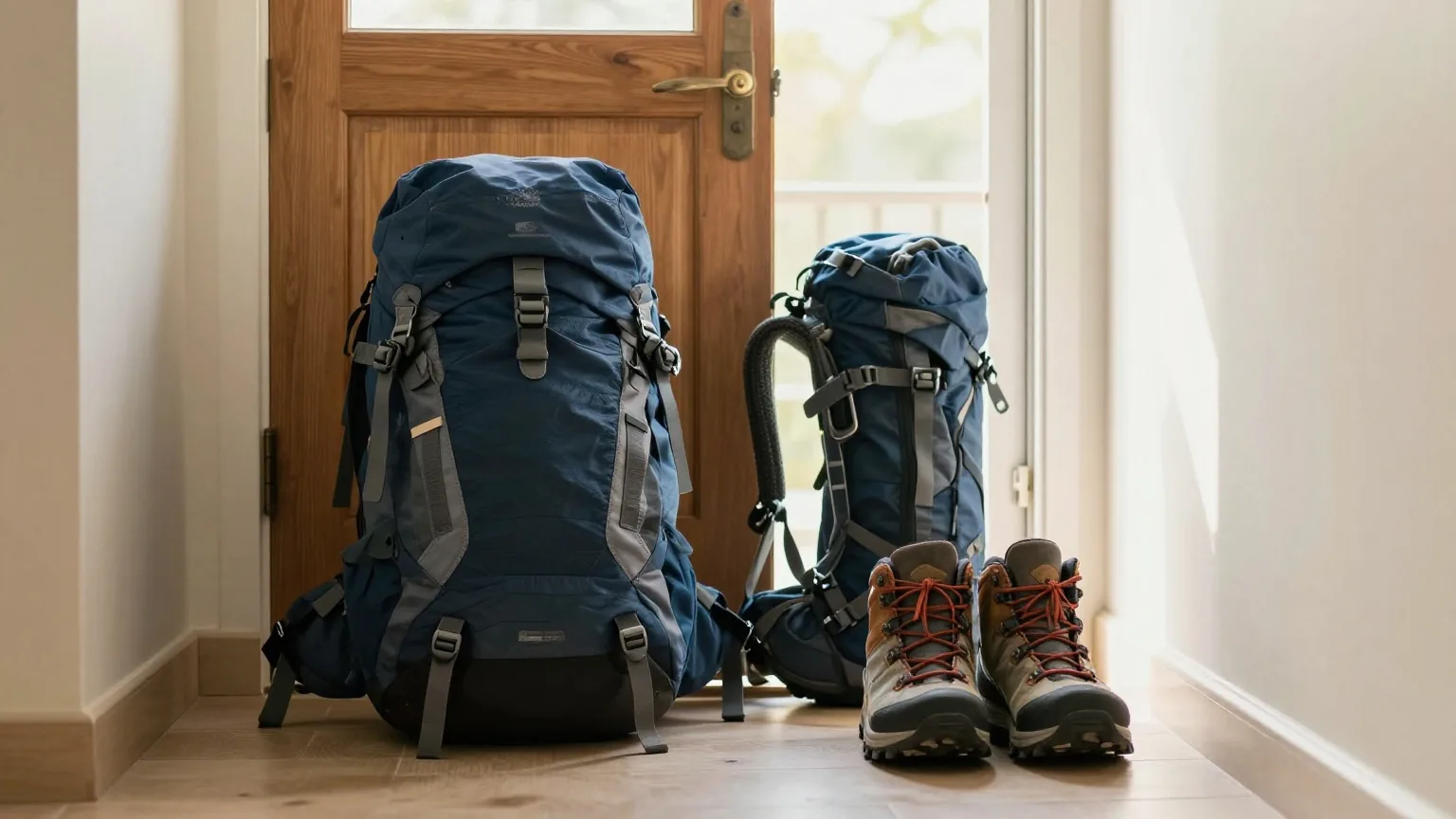Wanderrucksack und Wanderschuhe neben einer offenen Holzhaustür, frühes Morgenlicht im stillen Flur