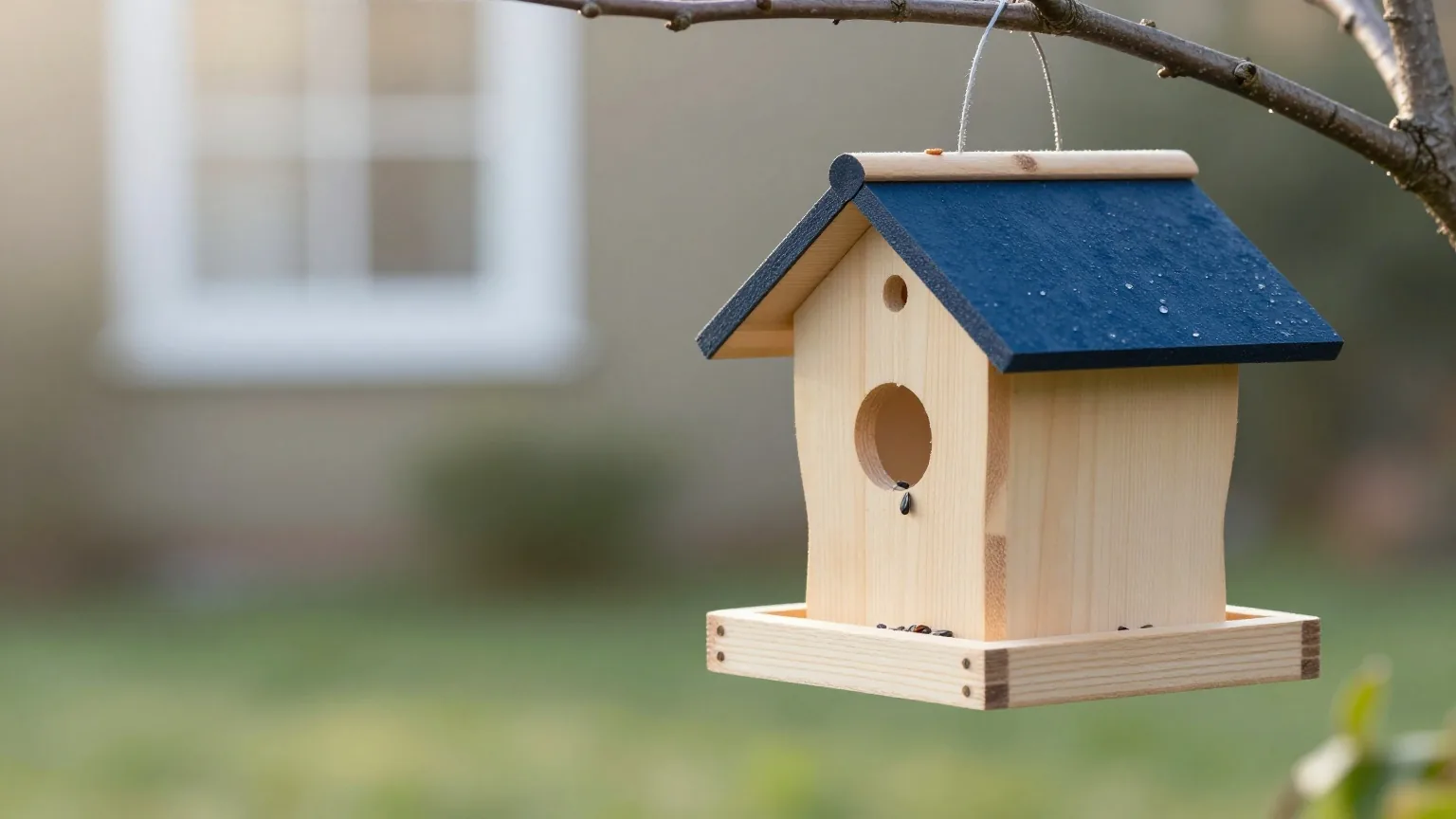 Kleines Vogelfutterhaus aus Holz mit ein paar Körnern an einem Ast in einem ruhigen Garten bei Sonnenaufgang, Tau auf dem Gras