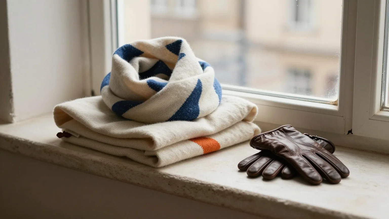 Zusammengelegter Wollschal und Lederhandschuhe auf der steinernen Fensterbank einer Altbauwohnung im blassen Wintermorgenlicht