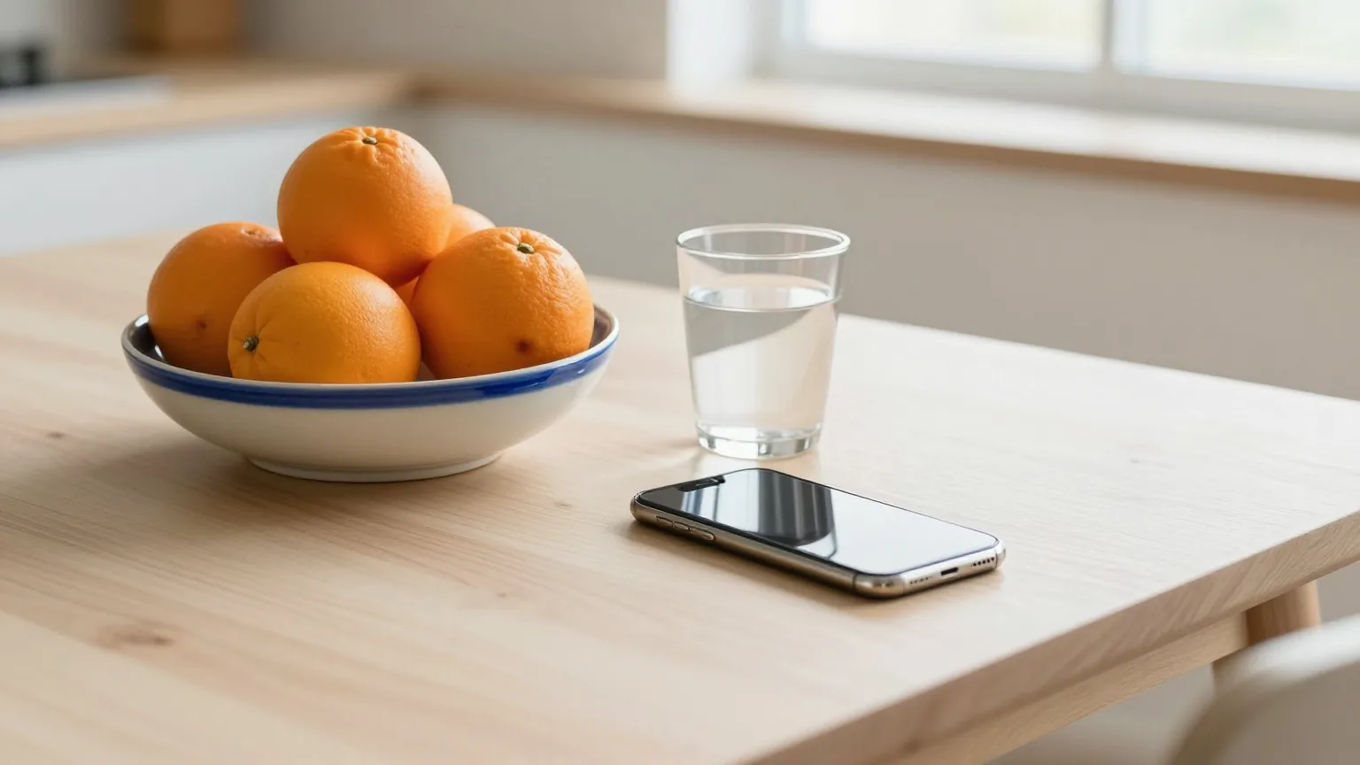 Holztisch in einer Küche mit einer Keramikschale voller Orangen und einem Wasserglas, daneben liegt ein Smartphone mit ausgeschaltetem Display