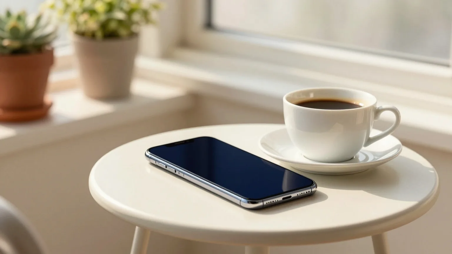 Ausgeschaltetes Smartphone neben einer Kaffeetasse auf einem Balkontisch in der Morgensonne