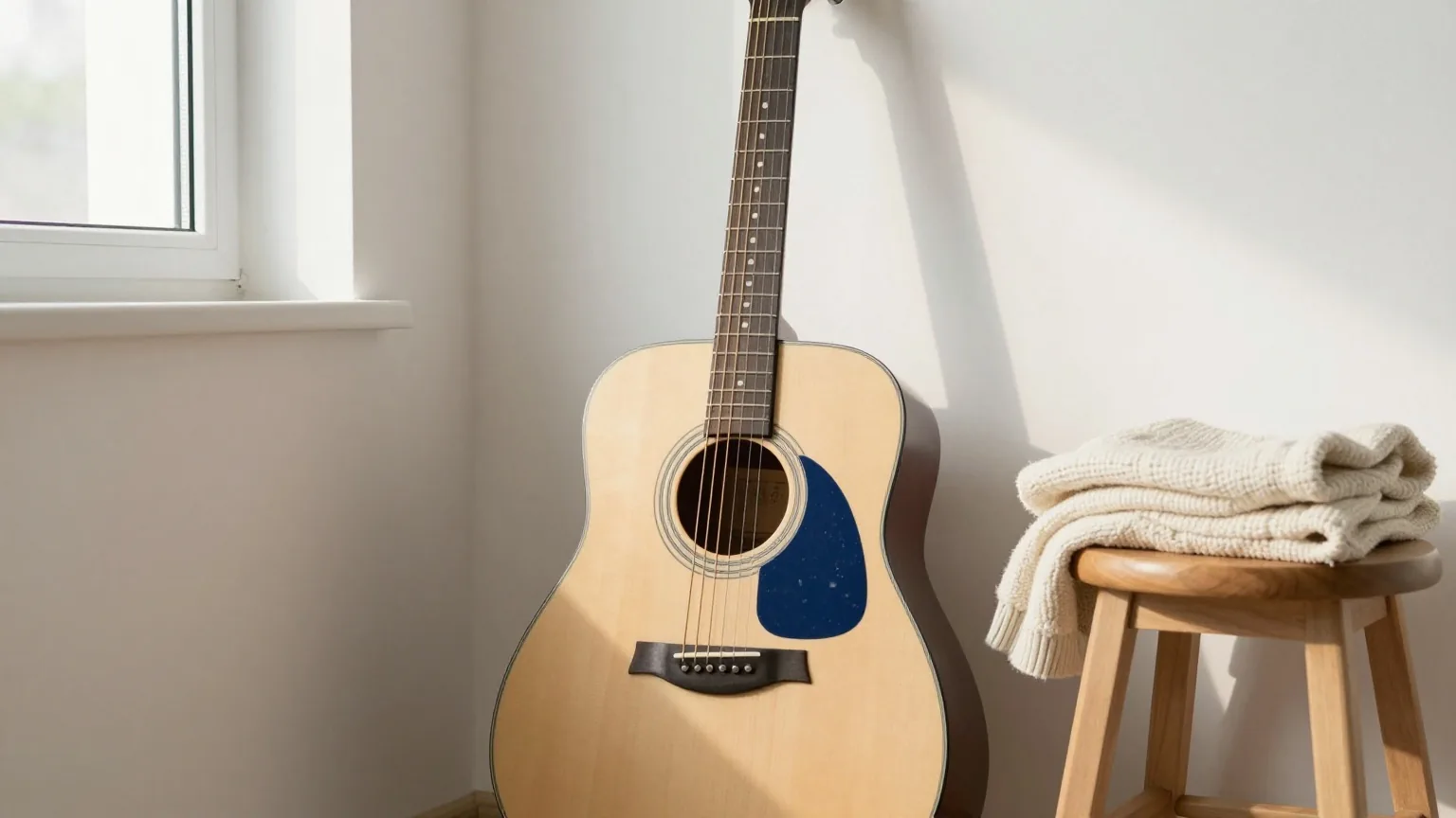 Akustikgitarre an einer weißen Wand neben einem Holzhocker und einer gefalteten Wolldecke, weiches Licht am späten Nachmittag von der Seite