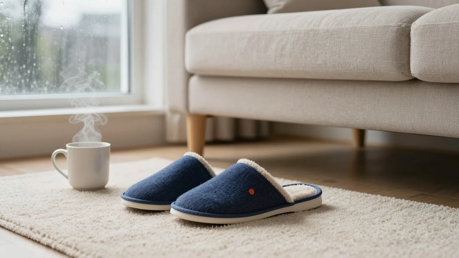 Wollpantoffeln auf einem Teppich vor einem Sofa, daneben eine dampfende Tasse auf dem Boden, Regen am Fenster im grauen Nachmittagslicht