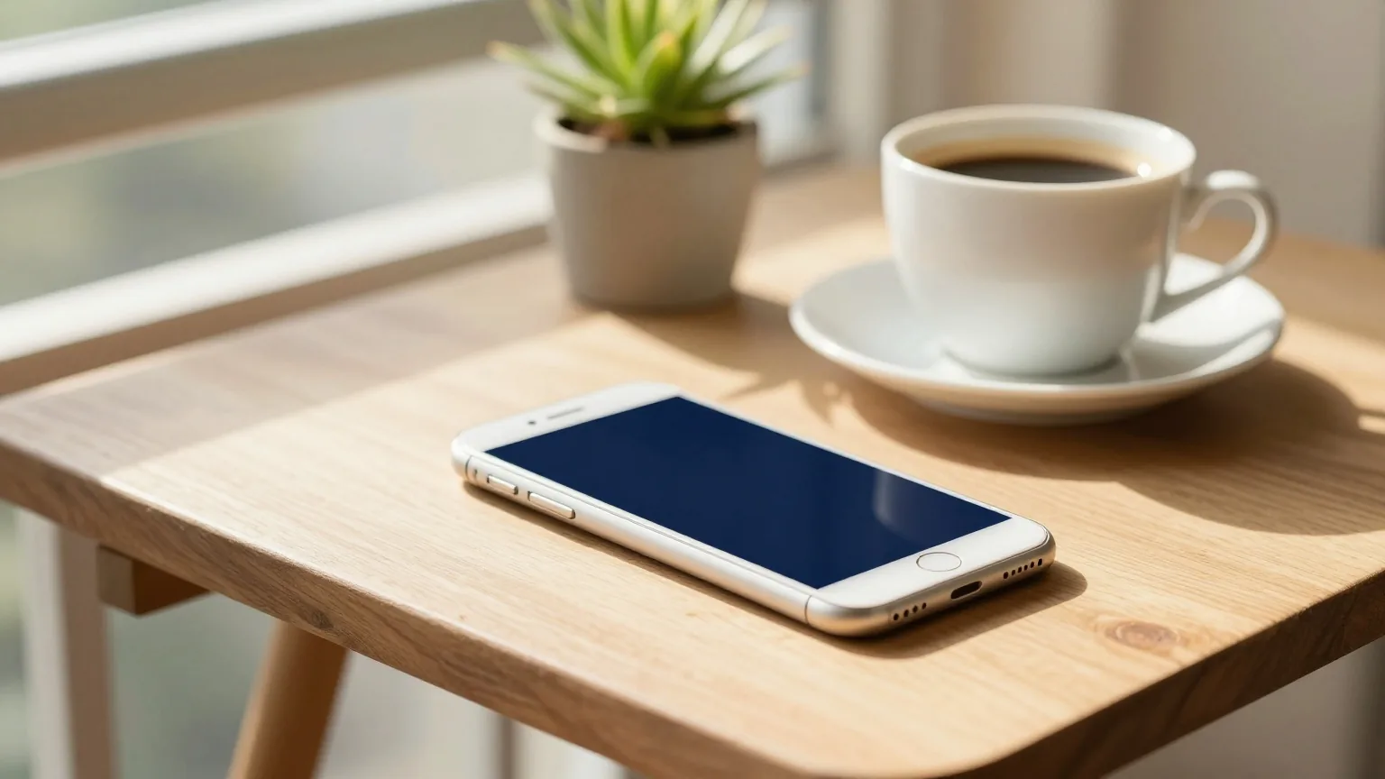 Ein Smartphone liegt mit dem Display nach unten auf einem Holztisch auf dem Balkon, daneben eine Kaffeetasse und ein kleiner Kräutertopf im warmen Morgenlicht