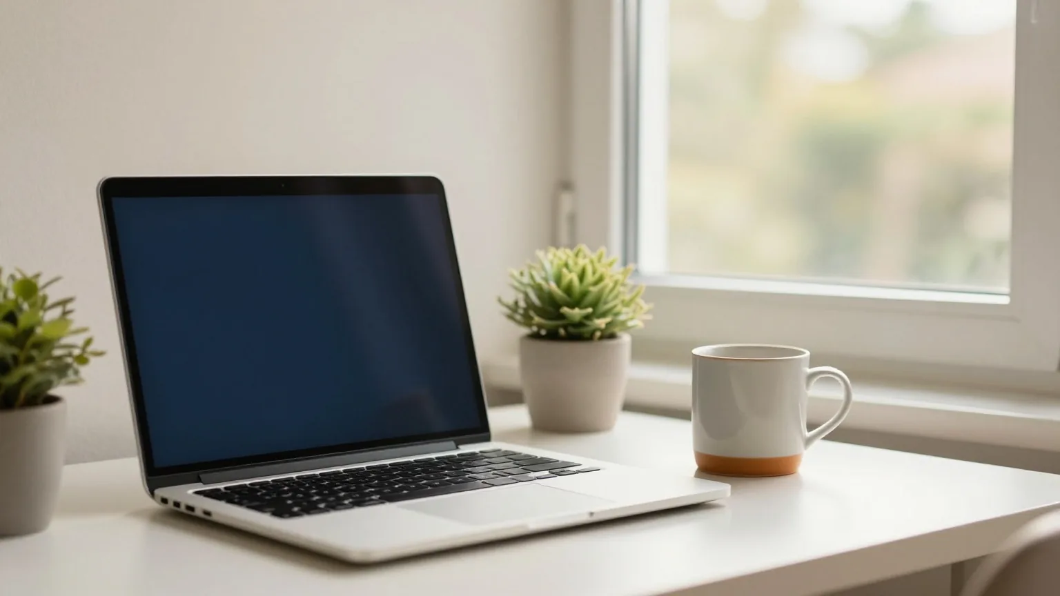 Ruhige Arbeitsecke zu Hause mit geschlossenem Laptop, kleiner Zimmerpflanze und Keramiktasse am Fenster, weiches Morgenlicht, draußen ein unscharfer Garten
