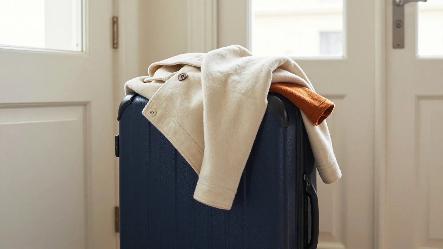 Ein gepackter Koffer neben einer Haustür, darauf ein gefalteter Mantel, Licht am frühen Morgen