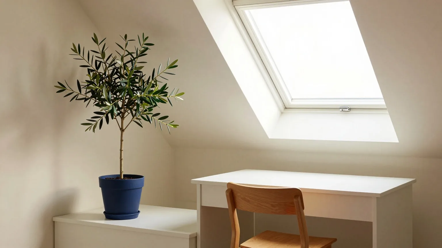 Olivenbäumchen im Topf auf einer weißen Fensterbank in einem hellen Dachzimmer, leerer Holzstuhl am schlichten Schreibtisch, klares Mittagslicht durch eine Dachgaube