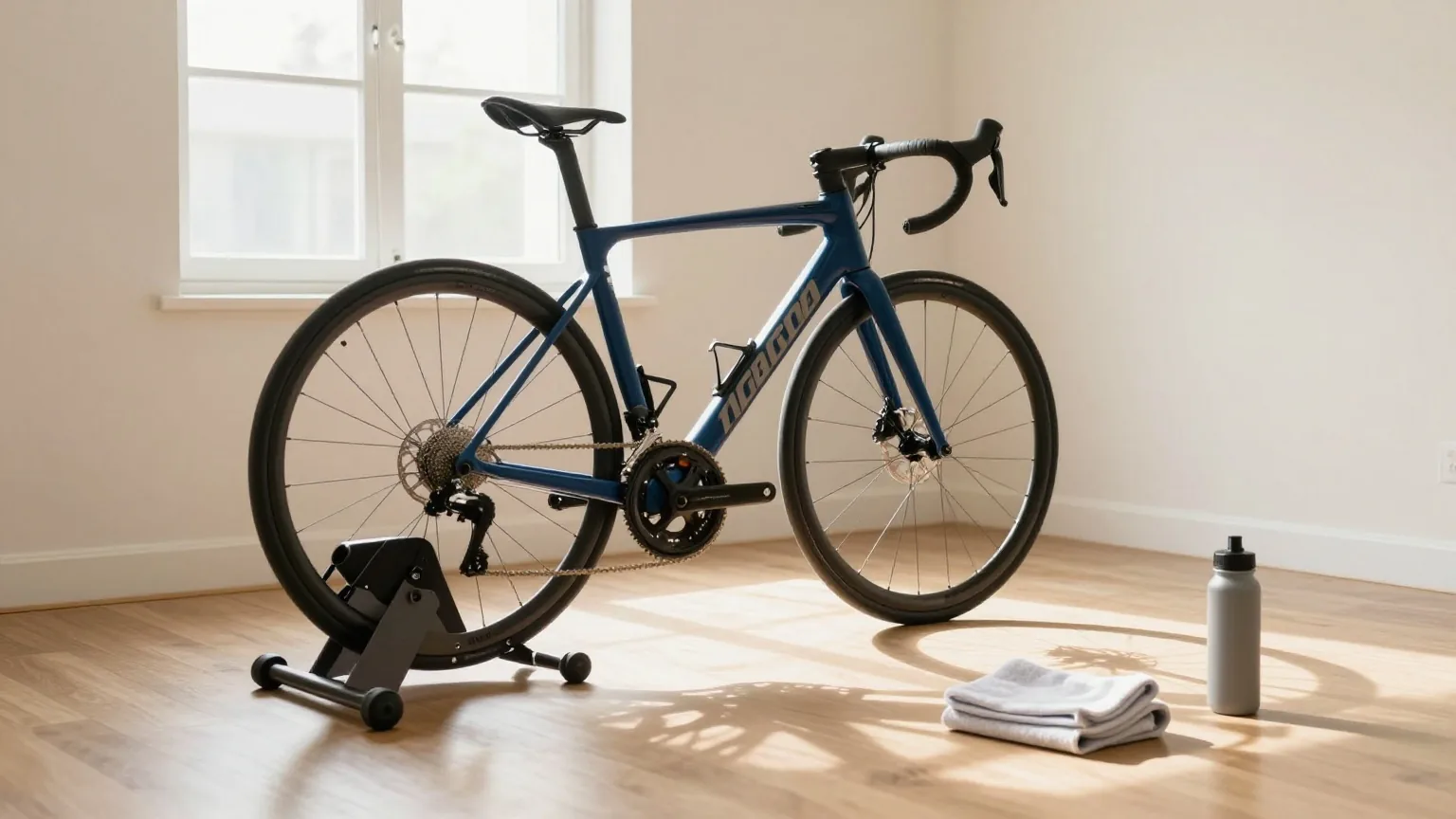 Rennrad auf einem Rollentrainer in einem hellen Zimmer, auf dem Holzboden ein gefaltetes Handtuch und eine Trinkflasche, frühes Morgenlicht