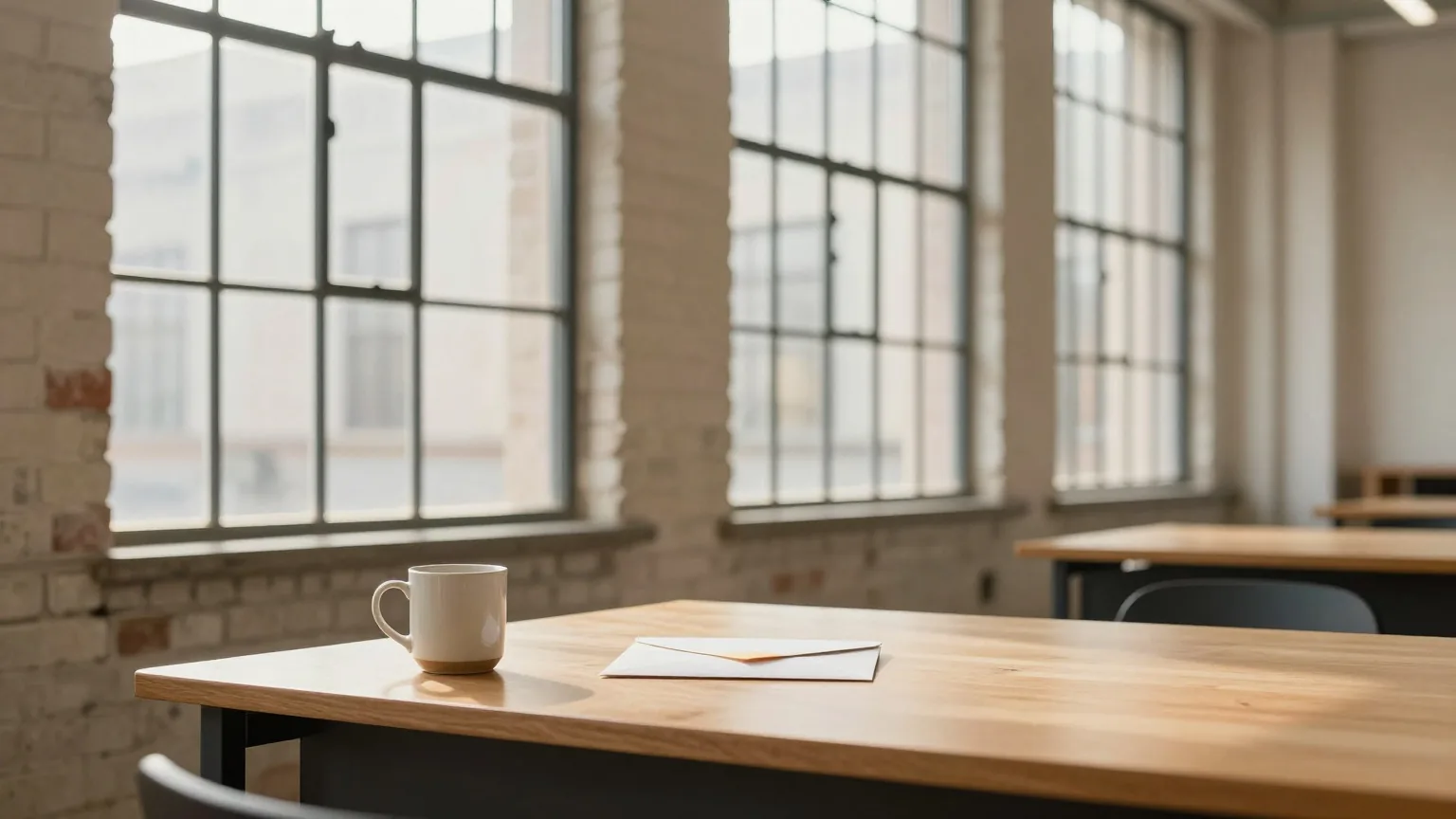 Ruhiges Büro in einer umgebauten Backsteinfabrik mit hohen Stahlfenstern, auf dem Holztisch eine Tasse und ein weißer Briefumschlag