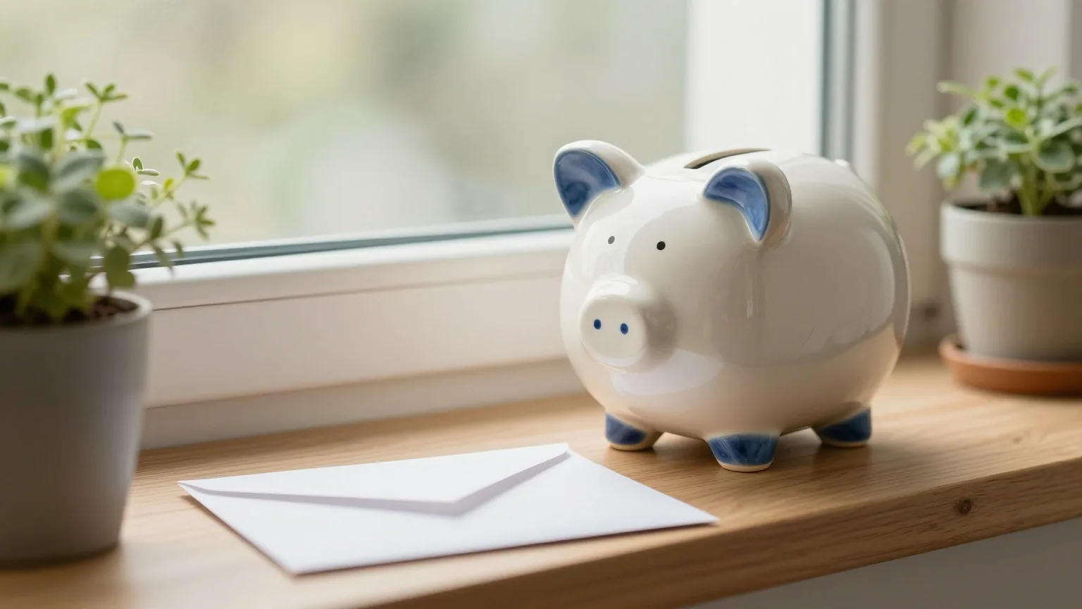 Sparschwein aus Keramik und ein weißer Briefumschlag auf einer Fensterbank neben Kräutertöpfen im Morgenlicht
